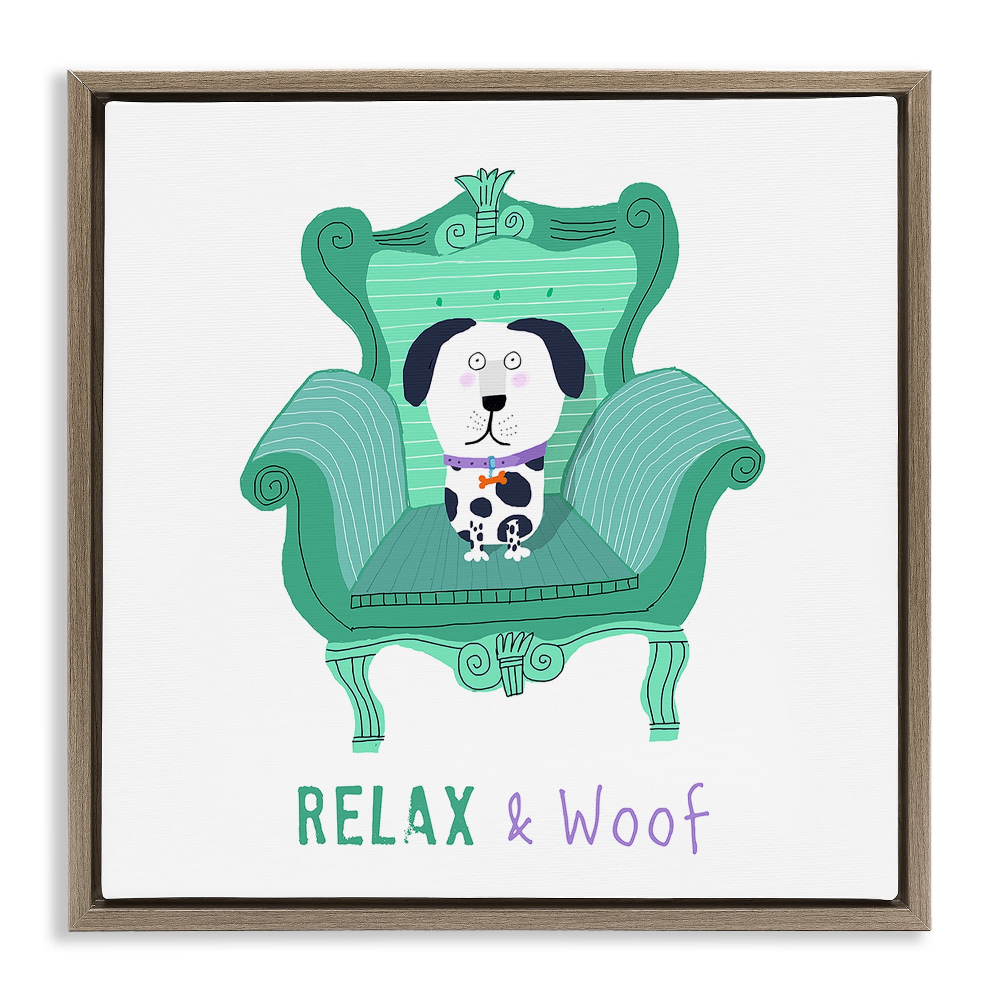 Stupell Industries Relax & Woof Cat Furniture Painting Brown Floater Framed Canvas Art Print Wall Art, 18 x 18