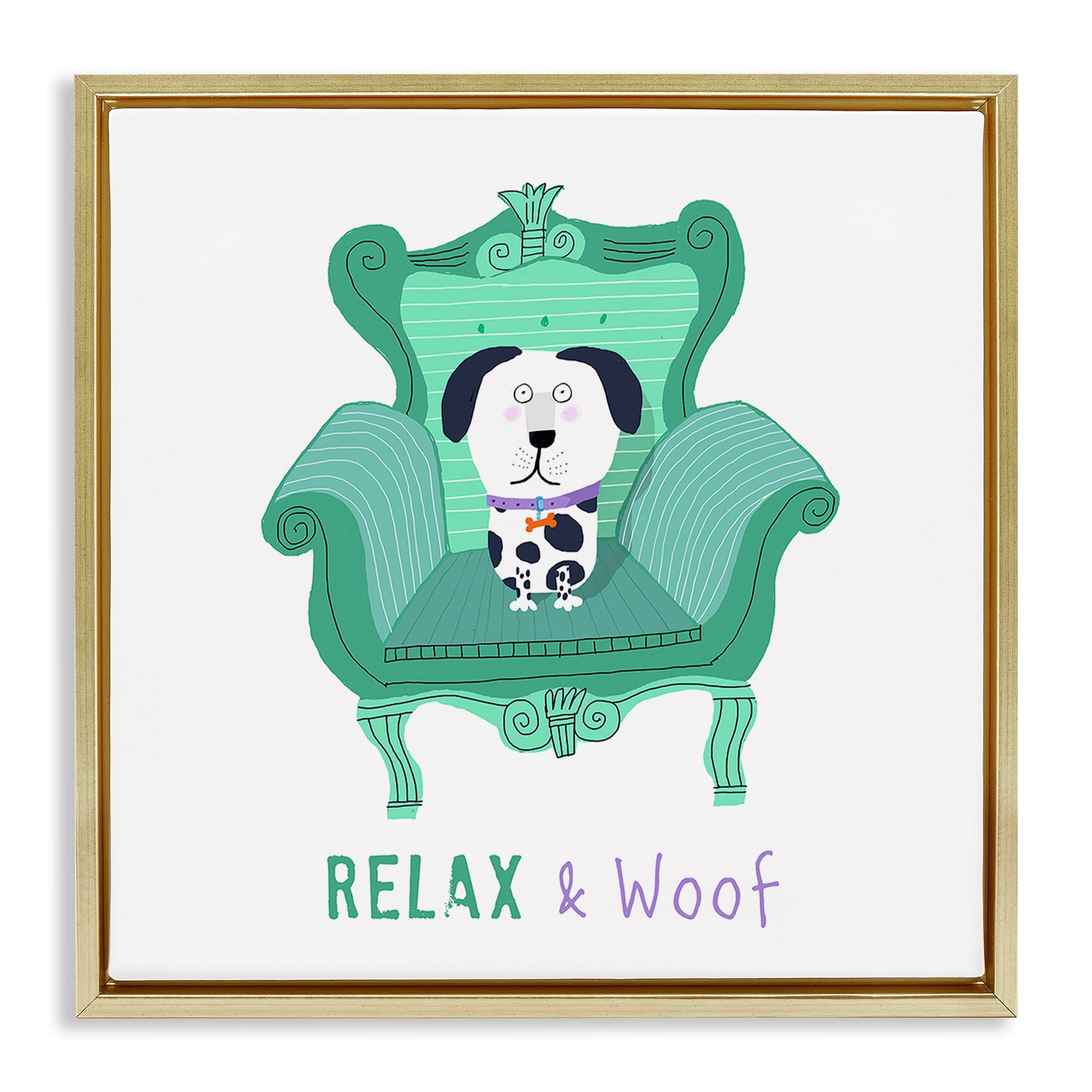 Stupell Industries Relax & Woof Cat Furniture Painting Gold Floater Framed Canvas Art Print Wall Art, 25 x 25