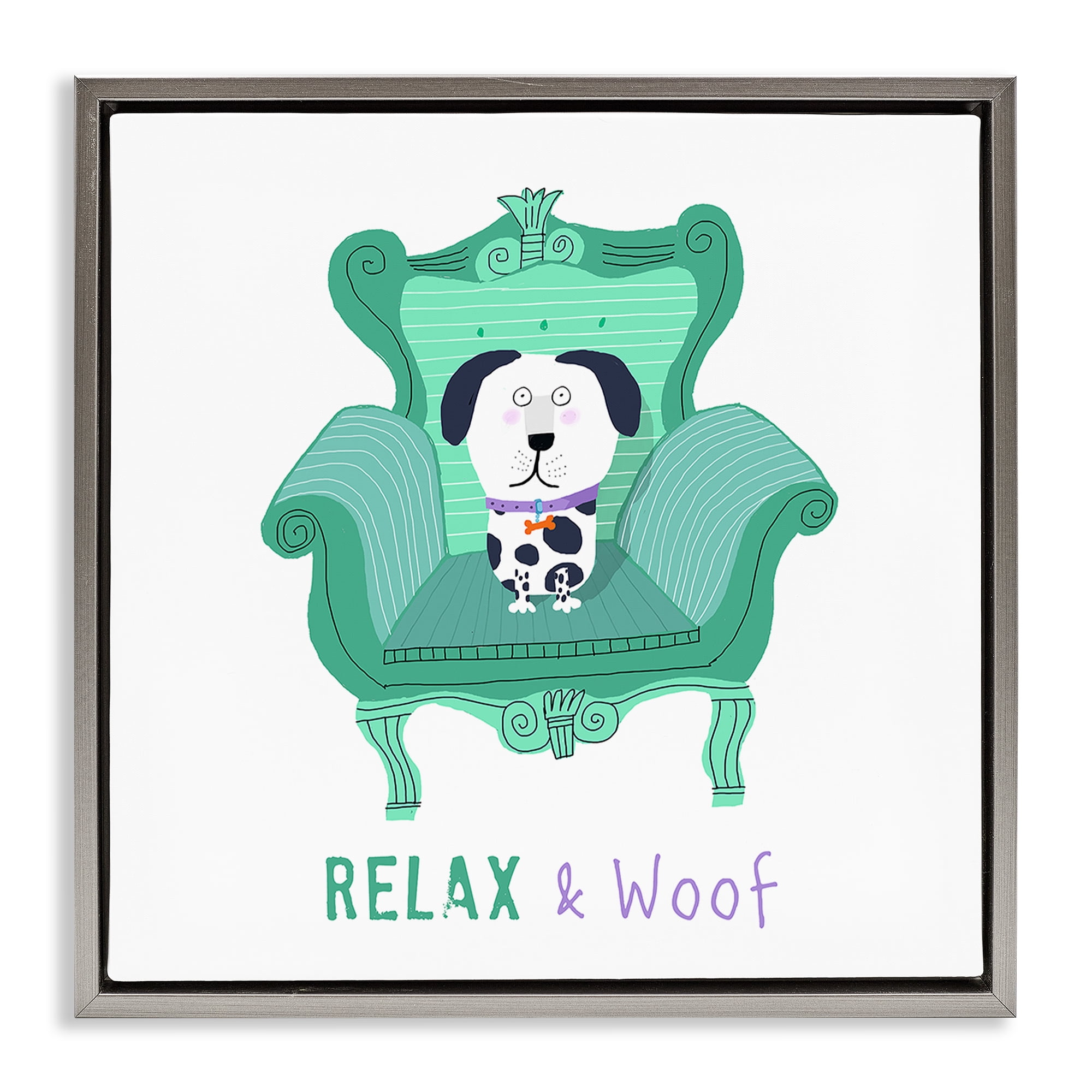 Stupell Industries Relax & Woof Cat Furniture Painting Gray Floater Framed Canvas Art Print Wall Art, 25 x 25
