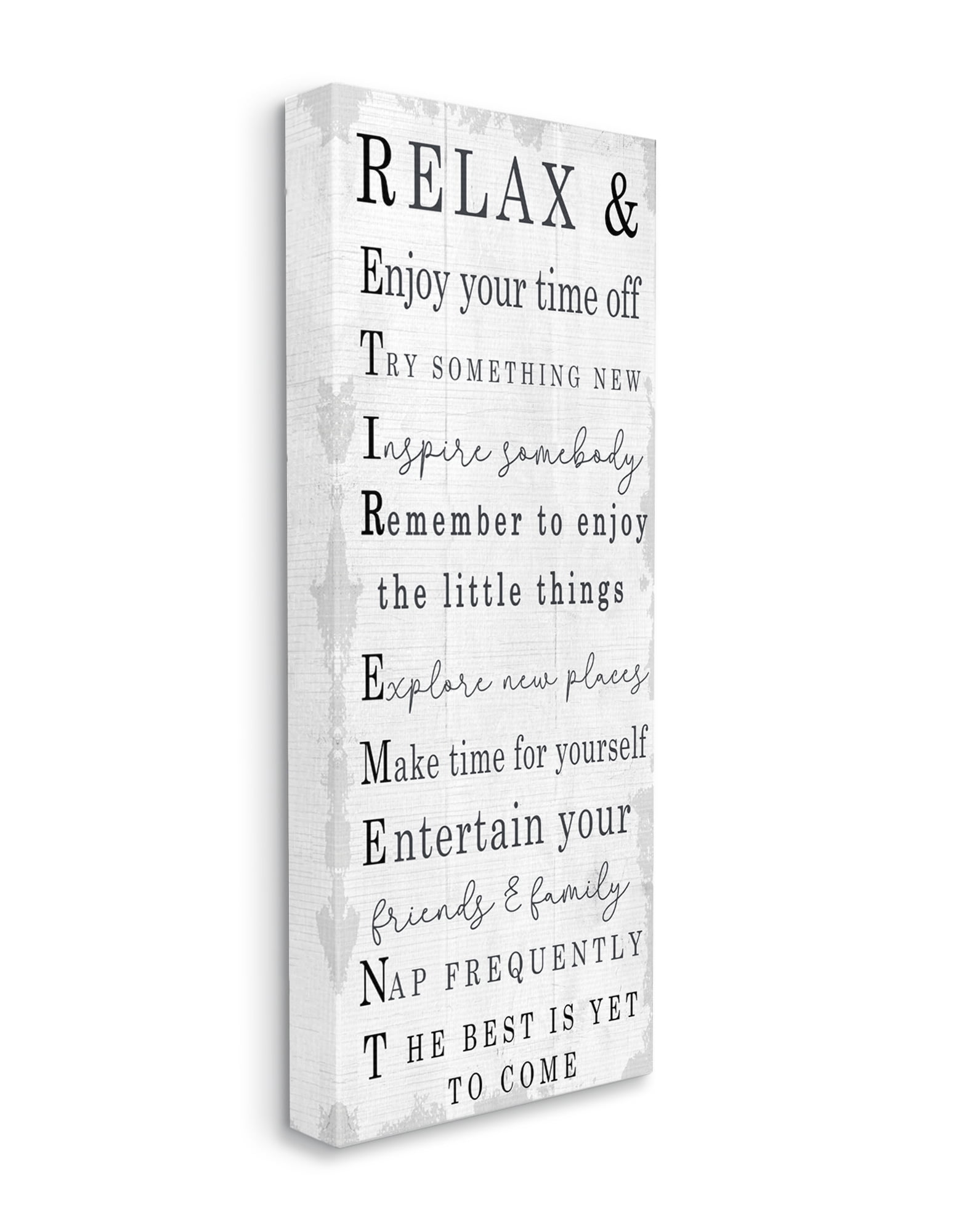 Stupell Industries Relax and Enjoy Retirement Phrases Self-Care Message Canvas Wall Art, 10 x 24, Design by Daphne Polselli