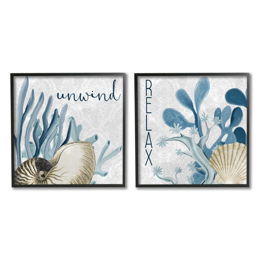 Stupell Industries Relax and Unwind Nautical Sentiments Shell Features Framed Wall Art Design by Kim Allen, 2 Piece, 12" x 12", Black Framed