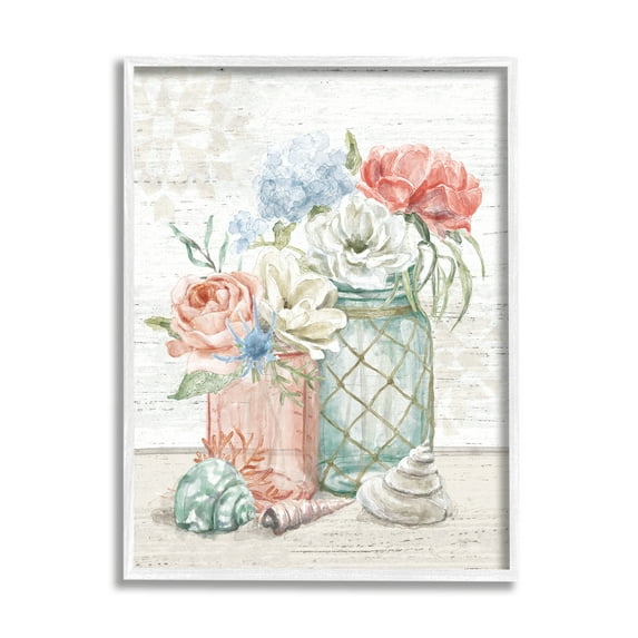 Stupell Industries Relaxed Nautical Bouquets in Beach Jars Seashells Nature Painting White Framed Art Print Wall Art, 24 x 30