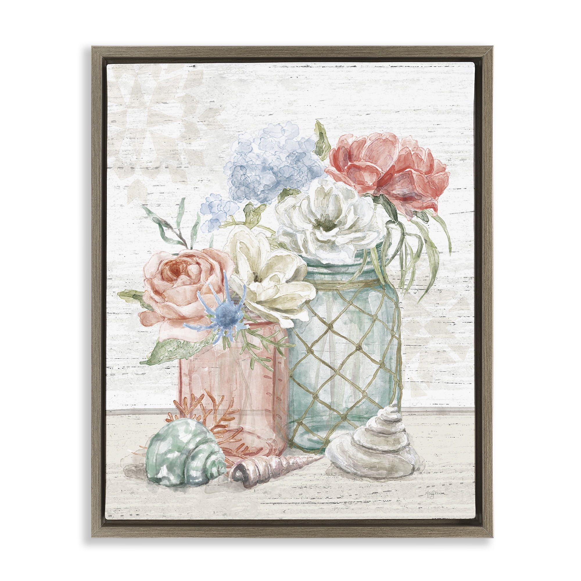 Stupell Industries Relaxed Nautical Jar Bouquets Nature Painting Brown Floater Framed Canvas Art Print Wall Art, 25 x 31