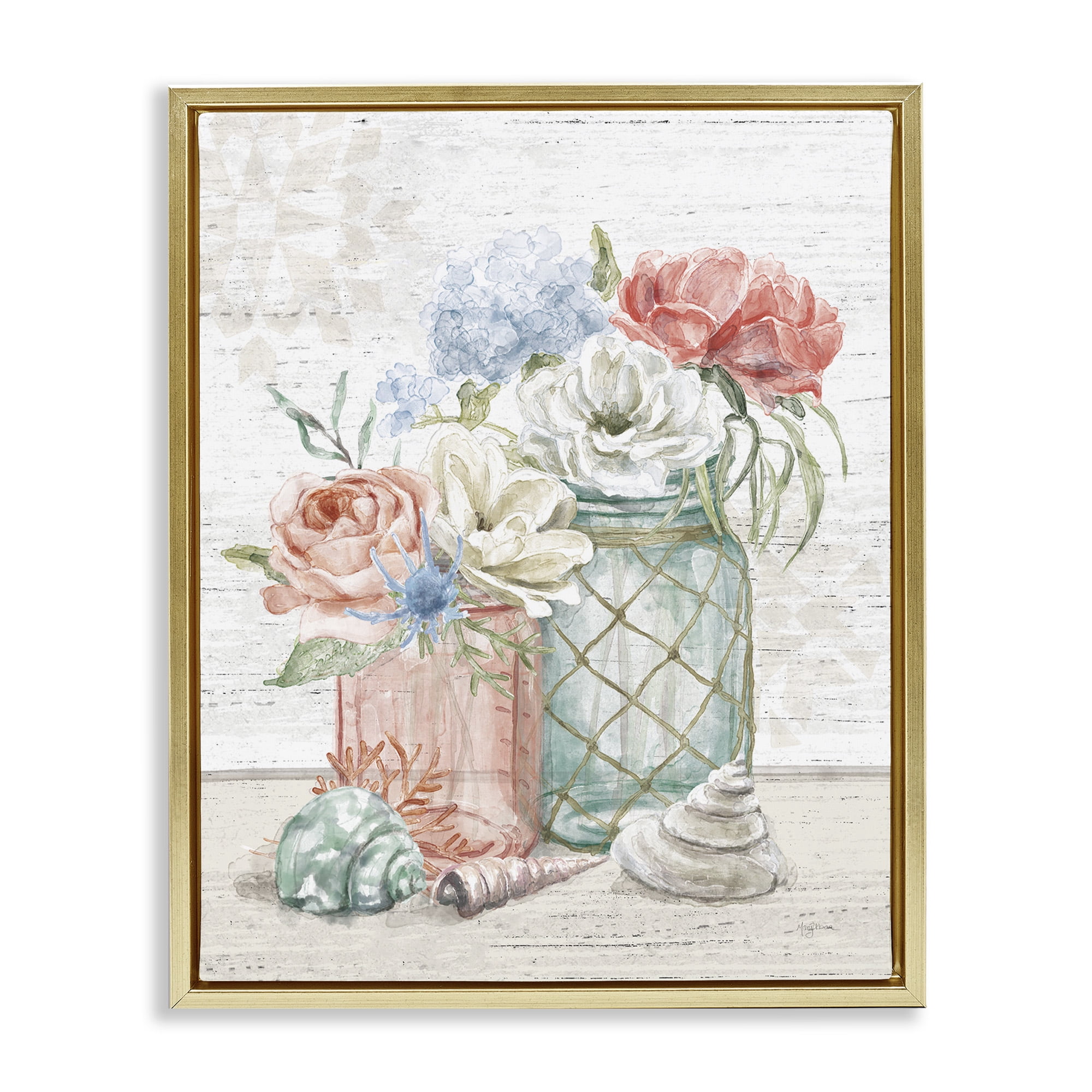 Stupell Industries Relaxed Nautical Jar Bouquets Nature Painting Gold Floater Framed Canvas Art Print Wall Art, 25 x 31
