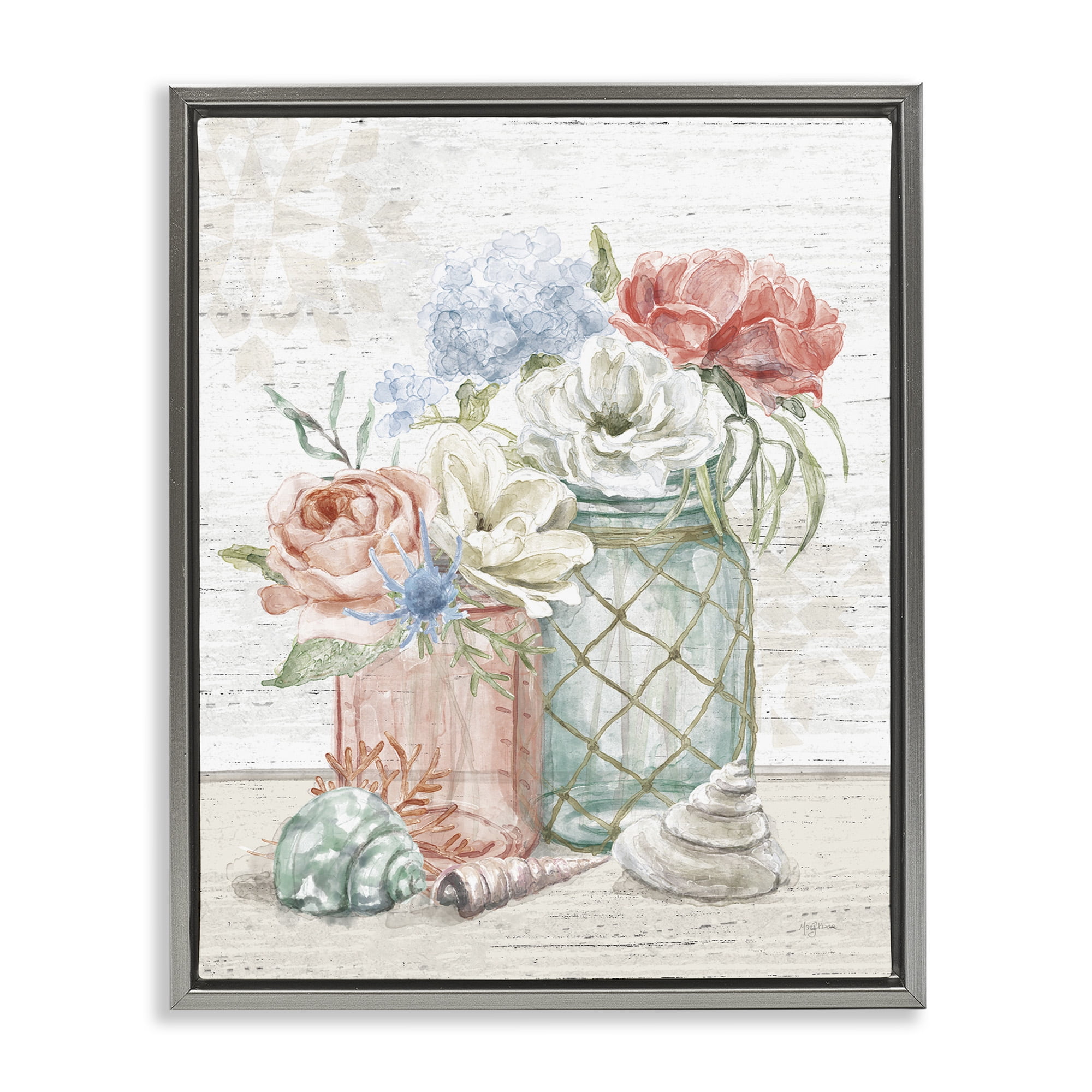Stupell Industries Relaxed Nautical Jar Bouquets Nature Painting Gray Floater Framed Canvas Art Print Wall Art, 25 x 31