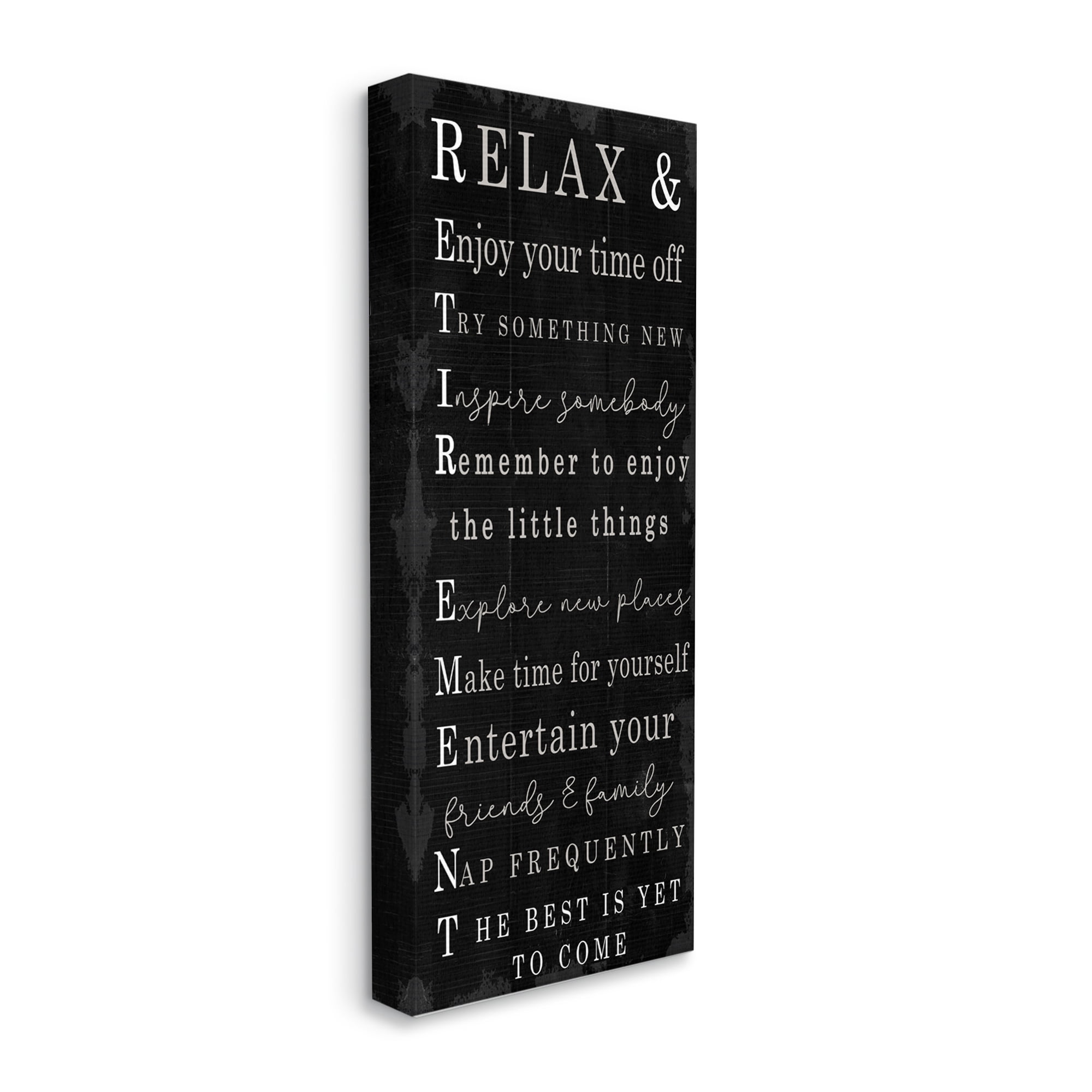 Stupell Industries Relaxed Retirement Phrases Black Distressed Pattern Inspirational Painting Gallery Wrapped Canvas Art Print Wall Art, 13 x 30