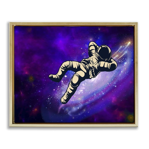 Stupell Industries Relaxing Astronaut in Space Outer Space Painting Gold Floater Framed Canvas Art Print Wall Art, 25 x 31
