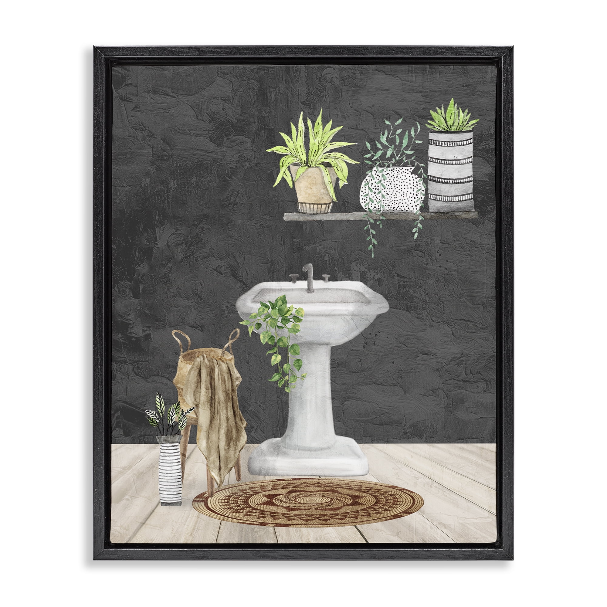 Stupell Industries Relaxing Bathroom Scene Bath & Laundry Painting Black Floater Framed Canvas Art Print Wall Art, 17 x 21