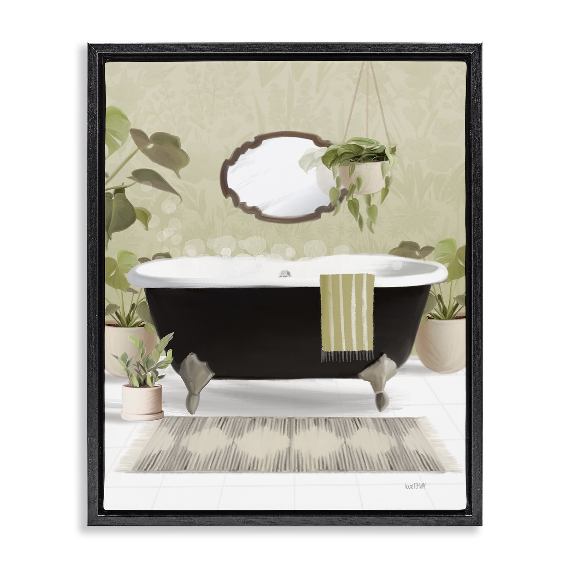 Stupell Industries Relaxing Bathroom Tub Bath & Laundry Painting Black Floater Framed Canvas Art Print Wall Art, 17 x 21