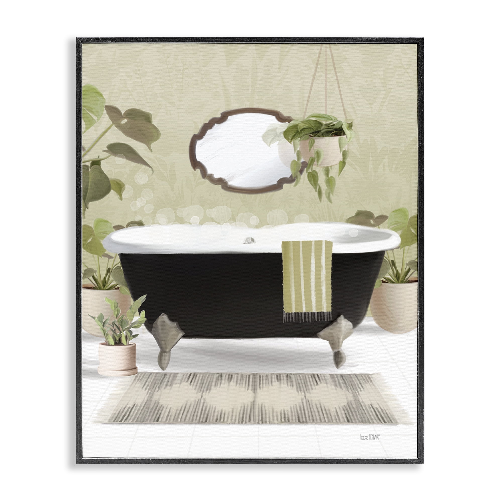 Stupell Industries Relaxing Bathroom Tub Bath & Laundry Painting Black Framed Art Print Wall Art, 16 x 20