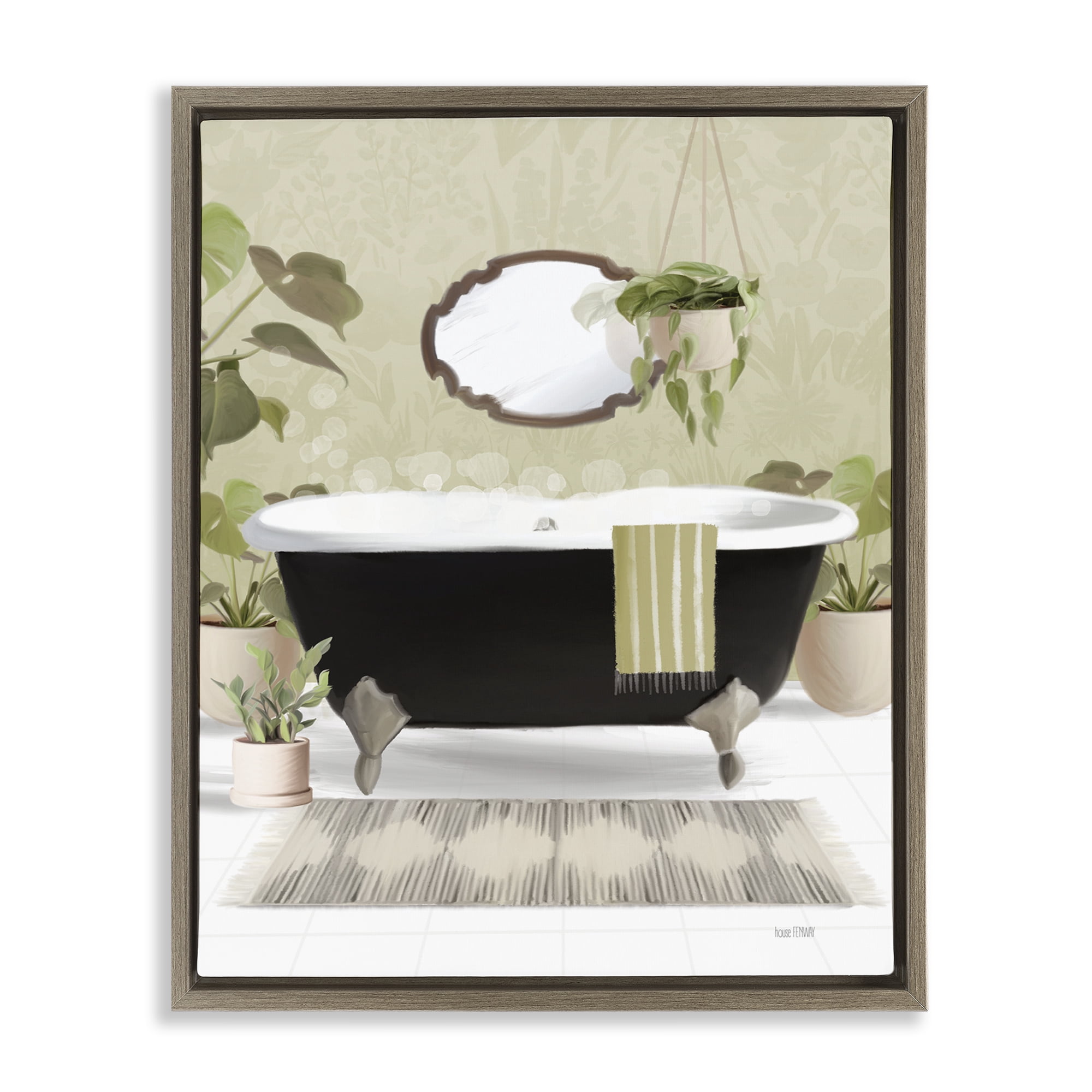 Stupell Industries Relaxing Bathroom Tub Bath & Laundry Painting Brown Floater Framed Canvas Art Print Wall Art, 17 x 21