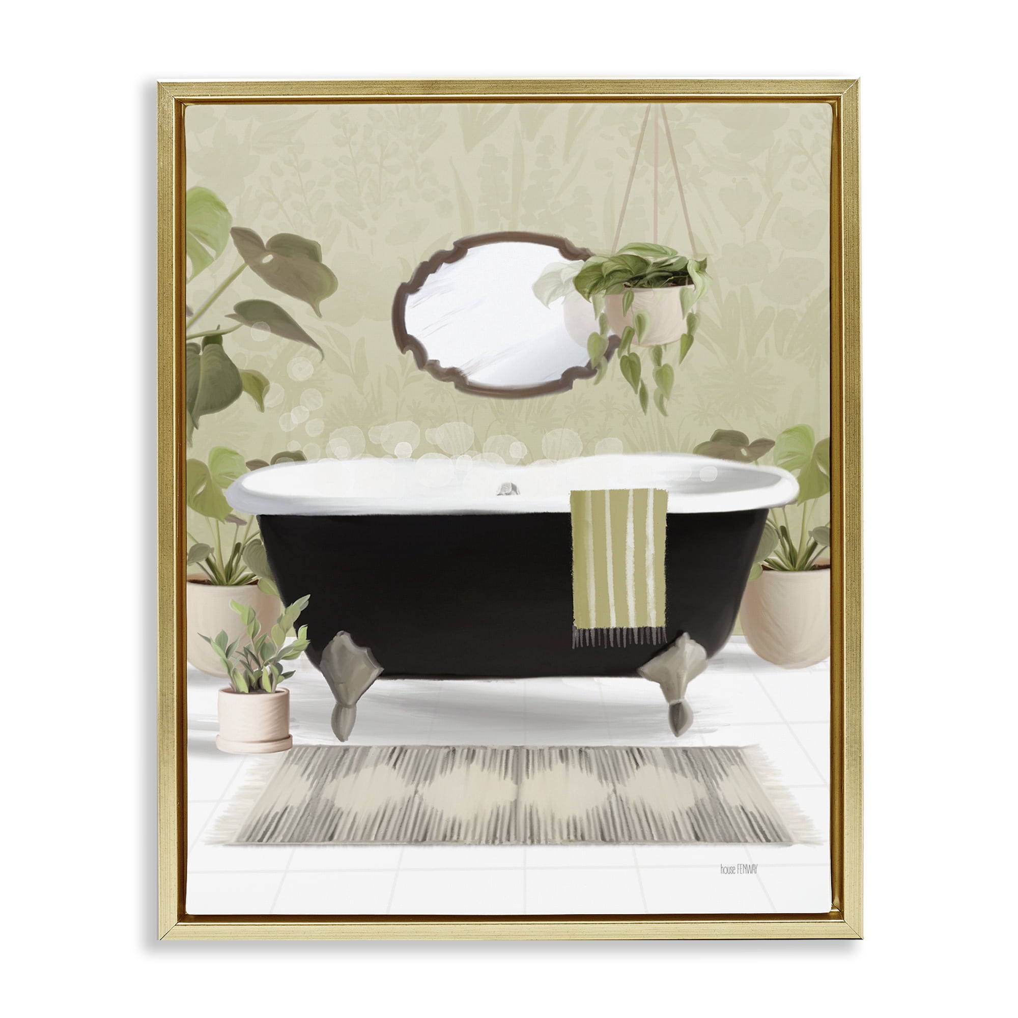 Stupell Industries Relaxing Bathroom Tub Bath & Laundry Painting Gold Floater Framed Canvas Art Print Wall Art, 17 x 21