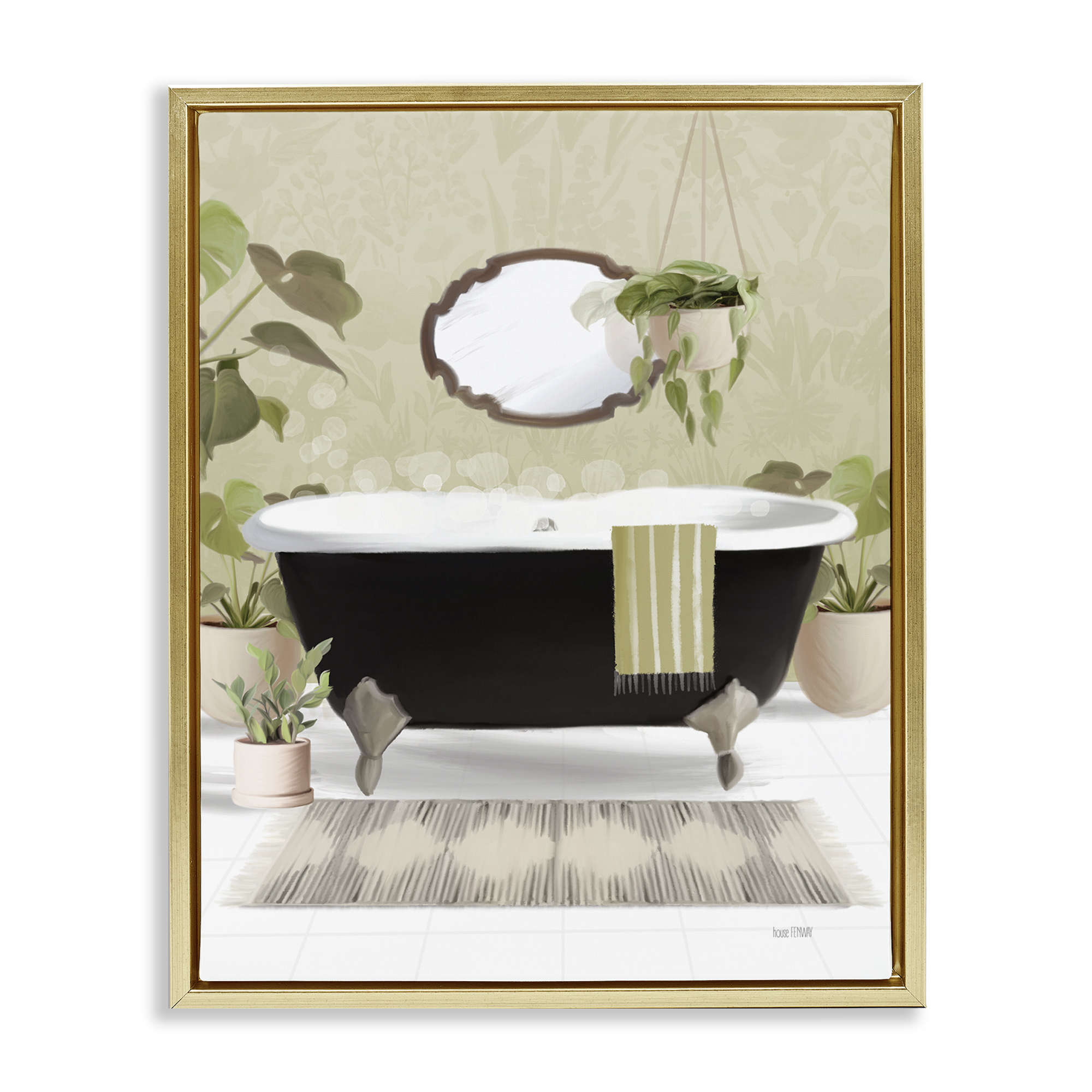 Stupell Industries Relaxing Bathroom Tub Bath & Laundry Painting Gold Floater Framed Canvas Art Print Wall Art, 25 x 31