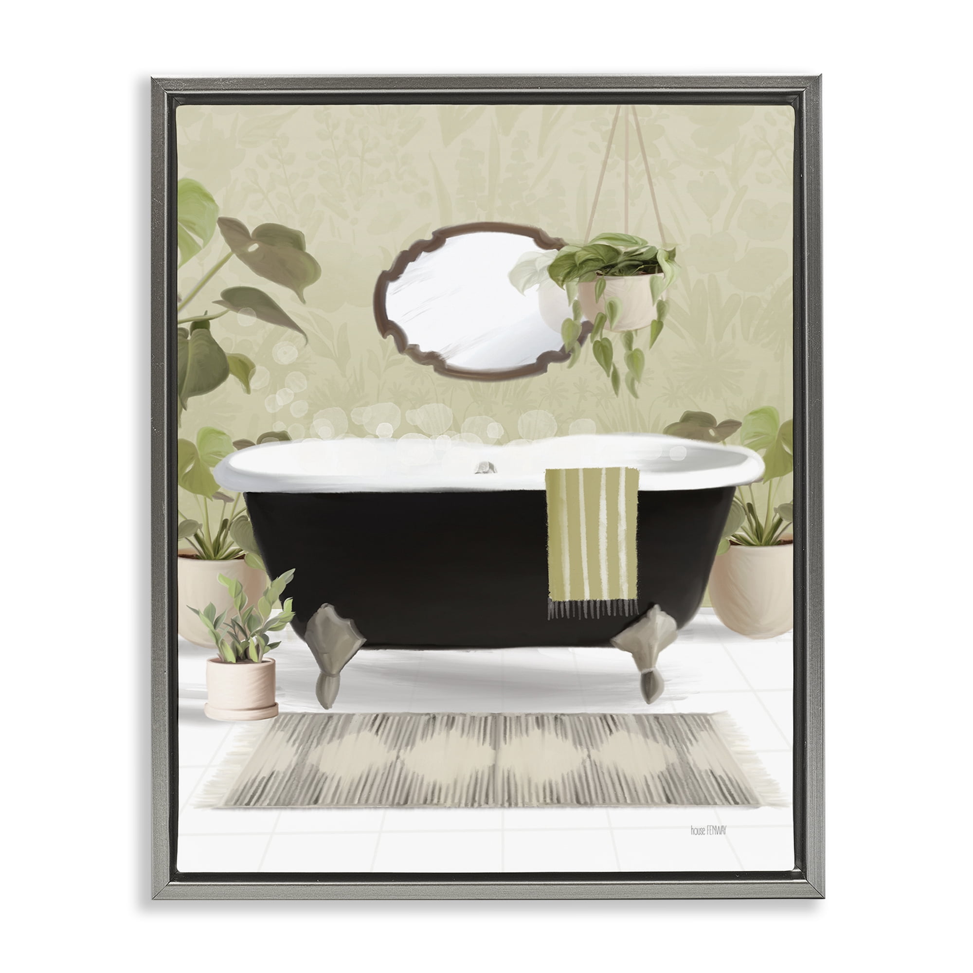 Stupell Industries Relaxing Bathroom Tub Bath & Laundry Painting Gray Floater Framed Canvas Art Print Wall Art, 17 x 21