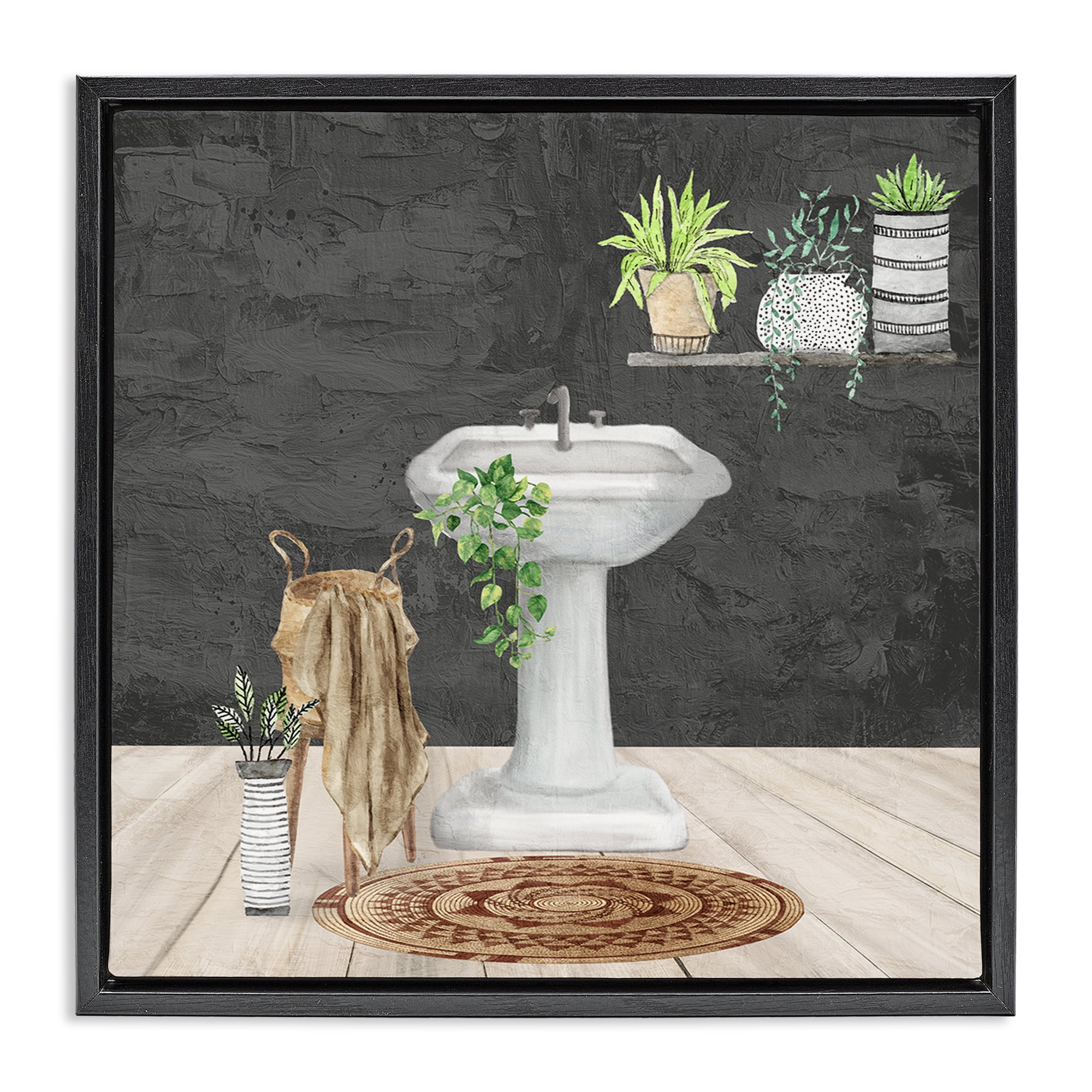 Stupell Industries Relaxing Bathroom View Bath & Laundry Painting Black Floater Framed Canvas Art Print Wall Art, 25 x 25