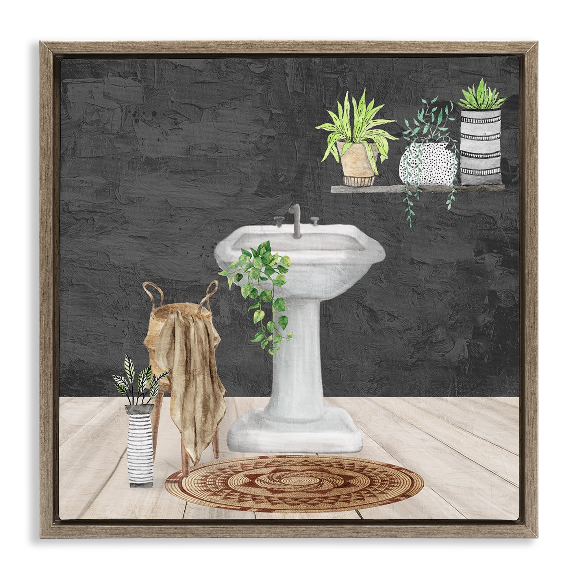 Stupell Industries Relaxing Bathroom View Bath & Laundry Painting Brown Floater Framed Canvas Art Print Wall Art, 18 x 18