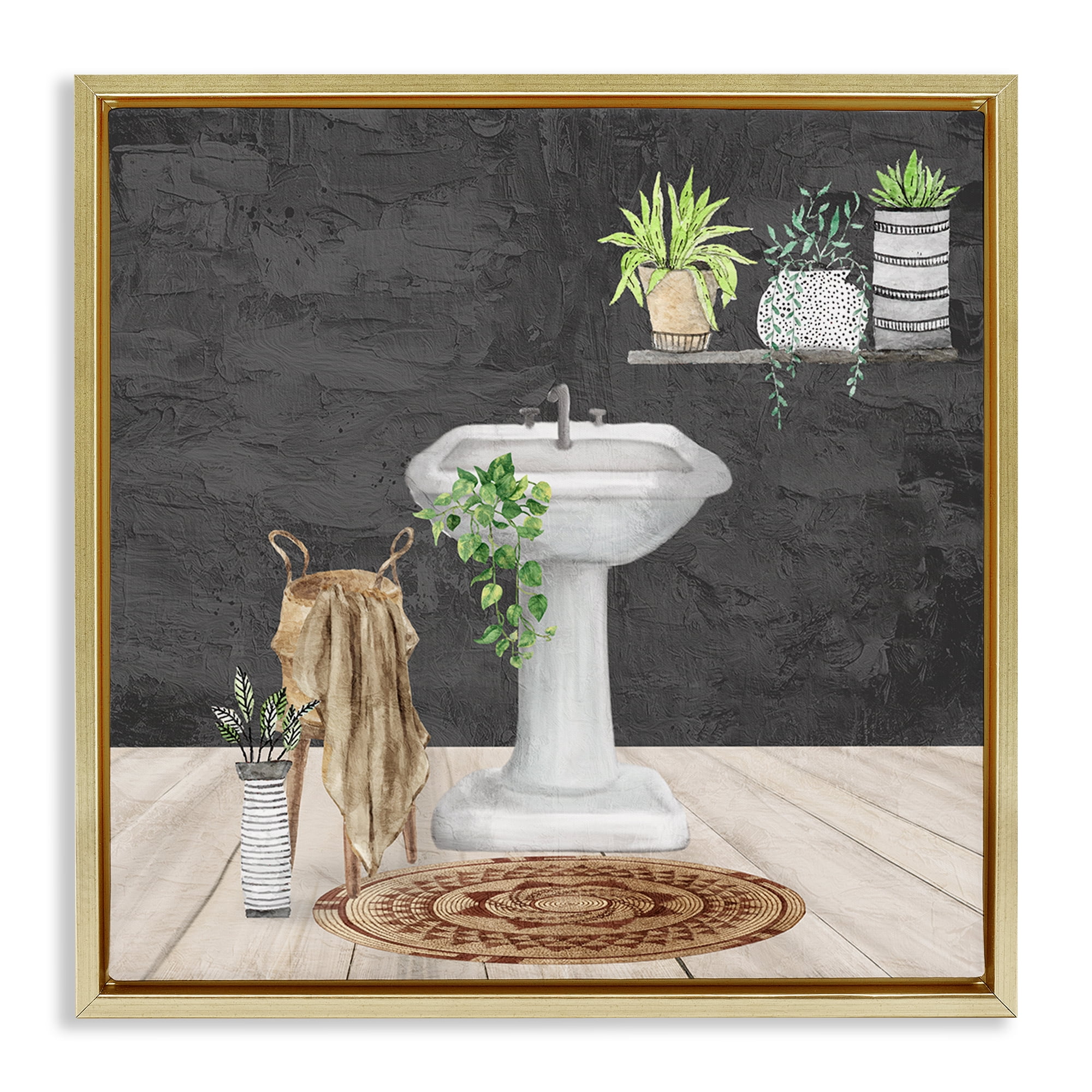 Stupell Industries Relaxing Bathroom View Bath & Laundry Painting Gold Floater Framed Canvas Art Print Wall Art, 18 x 18