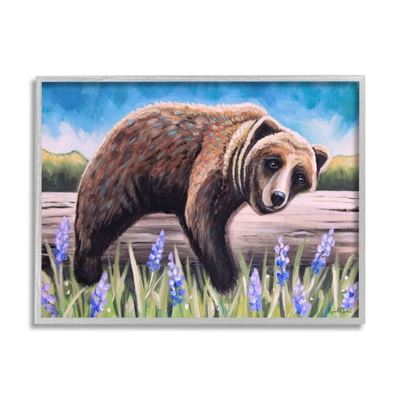 Stupell Industries Relaxing Bear Resting Tree Trunk Meadow Painting Gray Framed Art Print Wall Art, Design by Elizabeth Tyndall