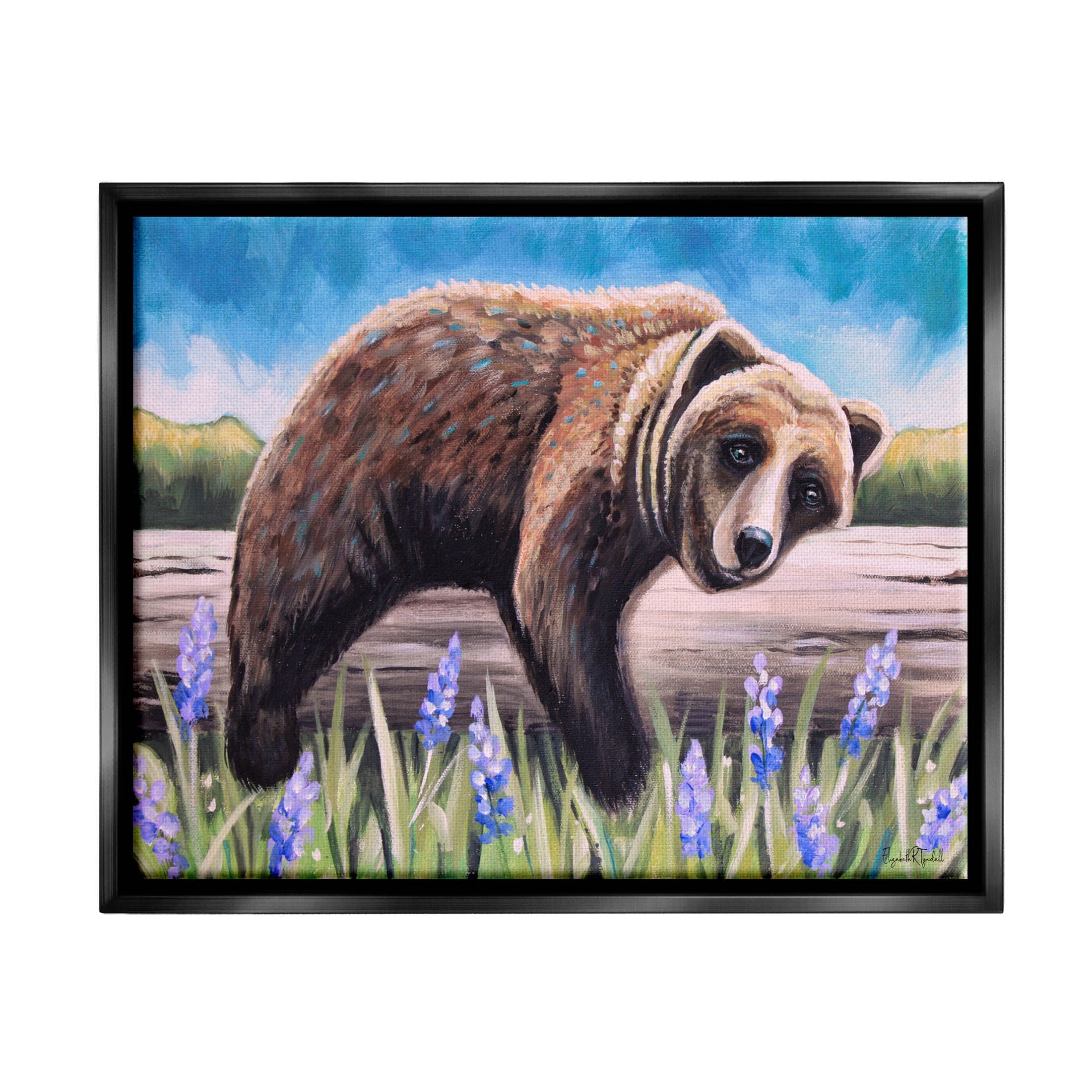 Stupell Industries Relaxing Bear Resting Tree Trunk Meadow Painting Jet Black Floating Framed Canvas Print Wall Art, Design by Elizabeth Tyndall