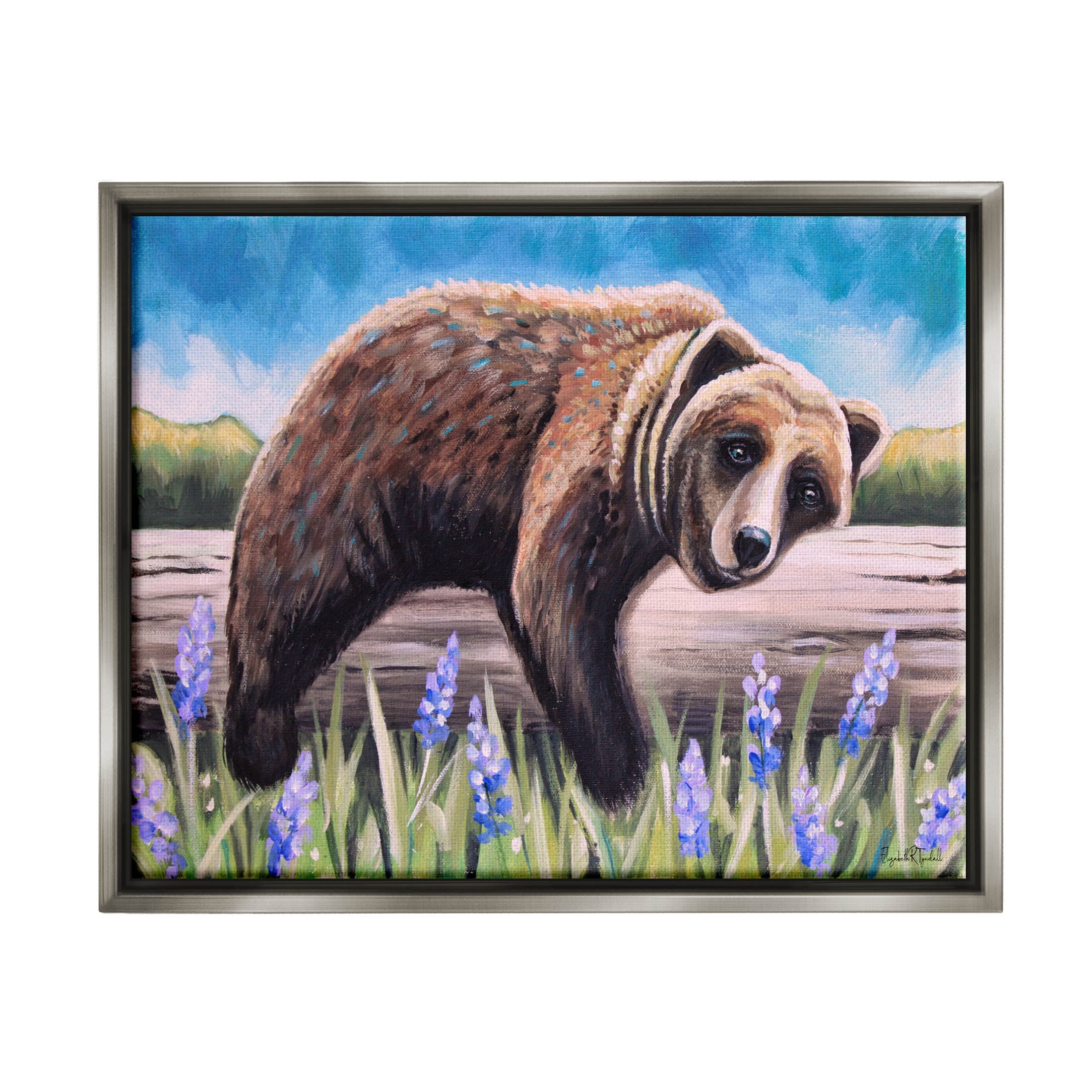 Stupell Industries Relaxing Bear Resting Tree Trunk Meadow Painting Luster Gray Floating Framed Canvas Print Wall Art, Design by Elizabeth Tyndall