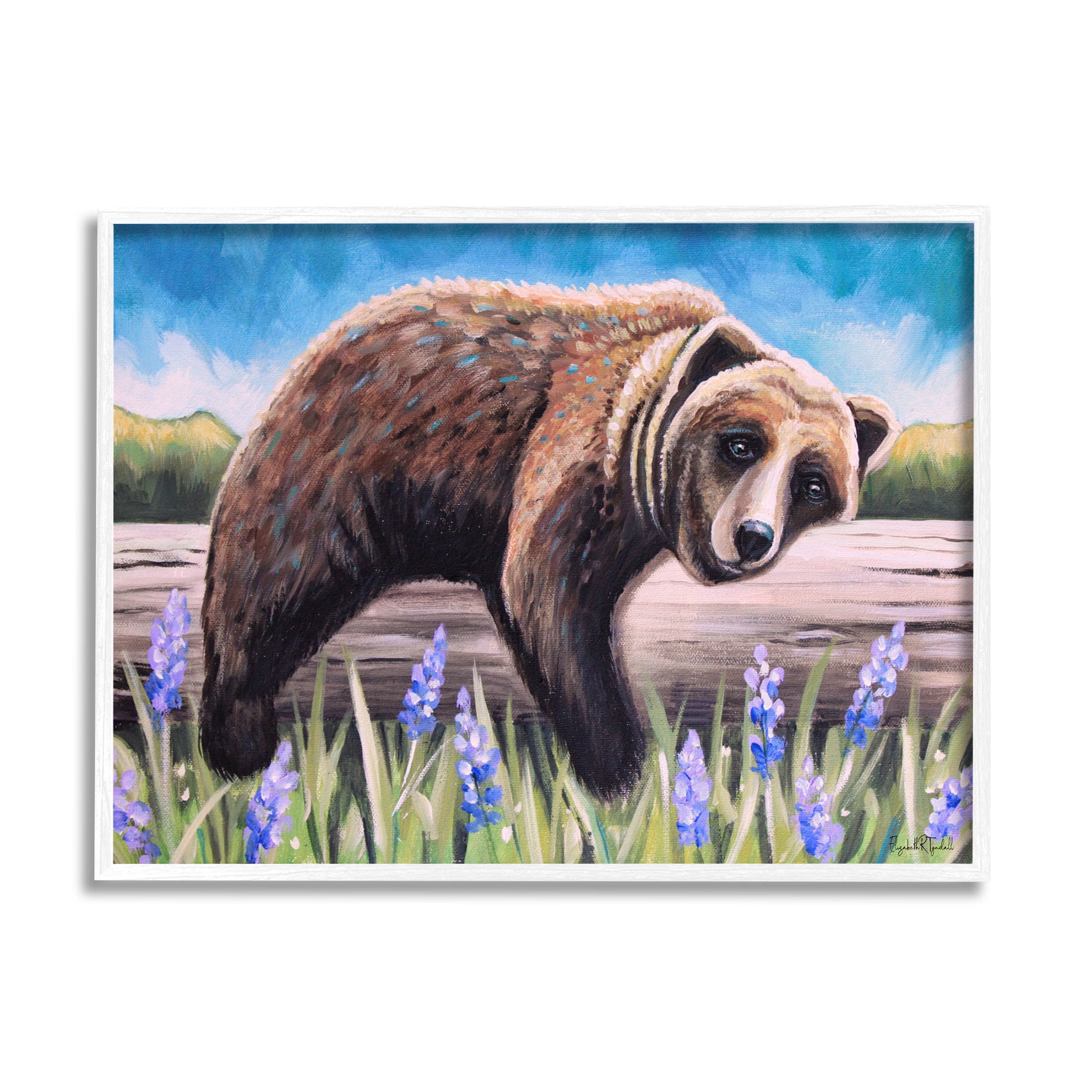 Stupell Industries Relaxing Bear Resting Tree Trunk Meadow Painting White Framed Art Print Wall Art, Design by Elizabeth Tyndall