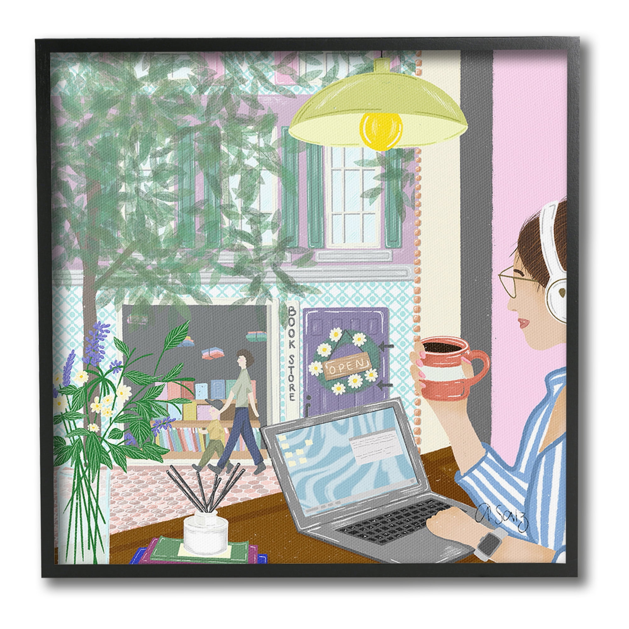 Stupell Industries Relaxing Cafe in City Travel & Places Painting Black Framed Art Print Wall Art, 12 x 12