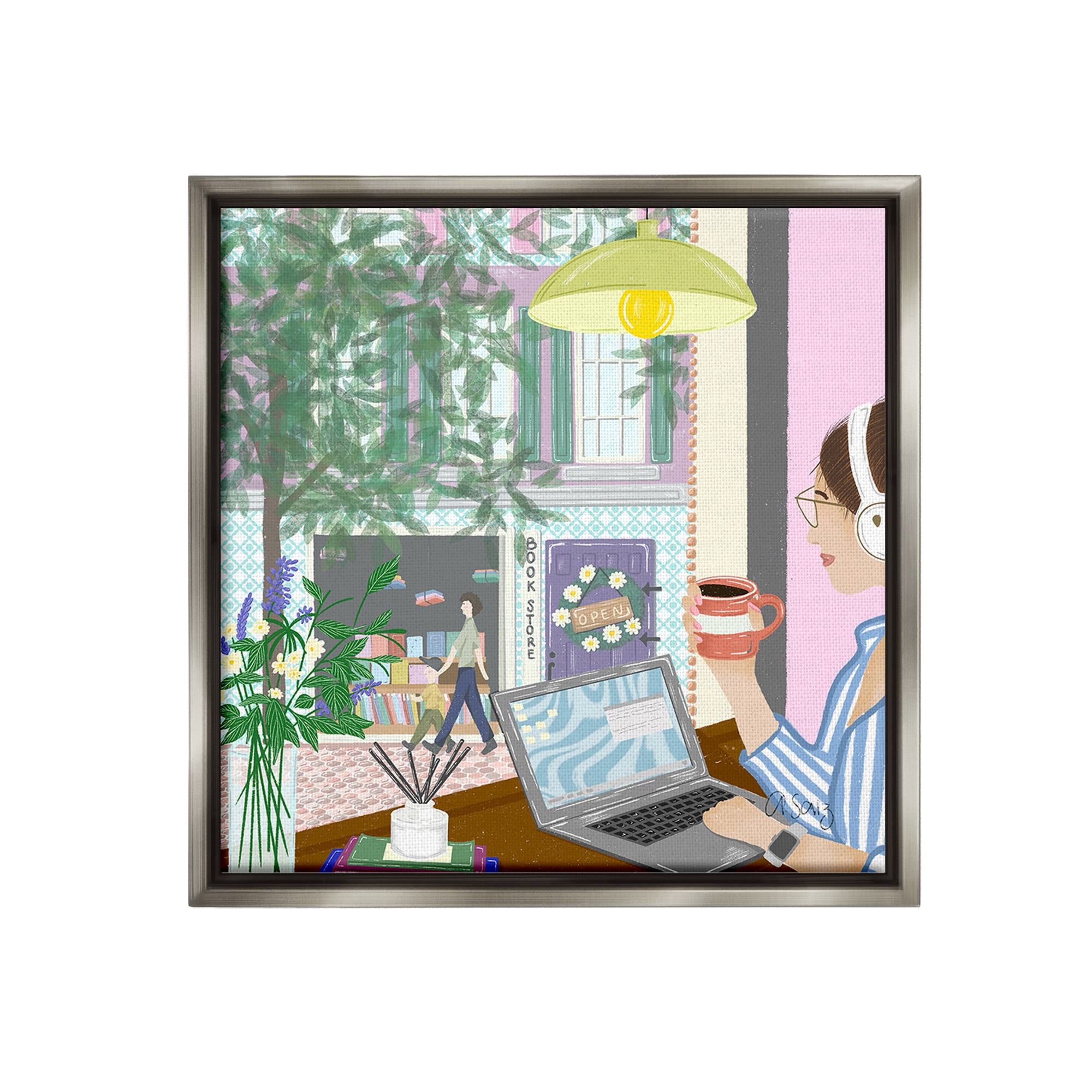 Stupell Industries Relaxing Cafe in City Travel & Places Painting Gray Floater Framed Canvas Art Print Wall Art, 25 x 25