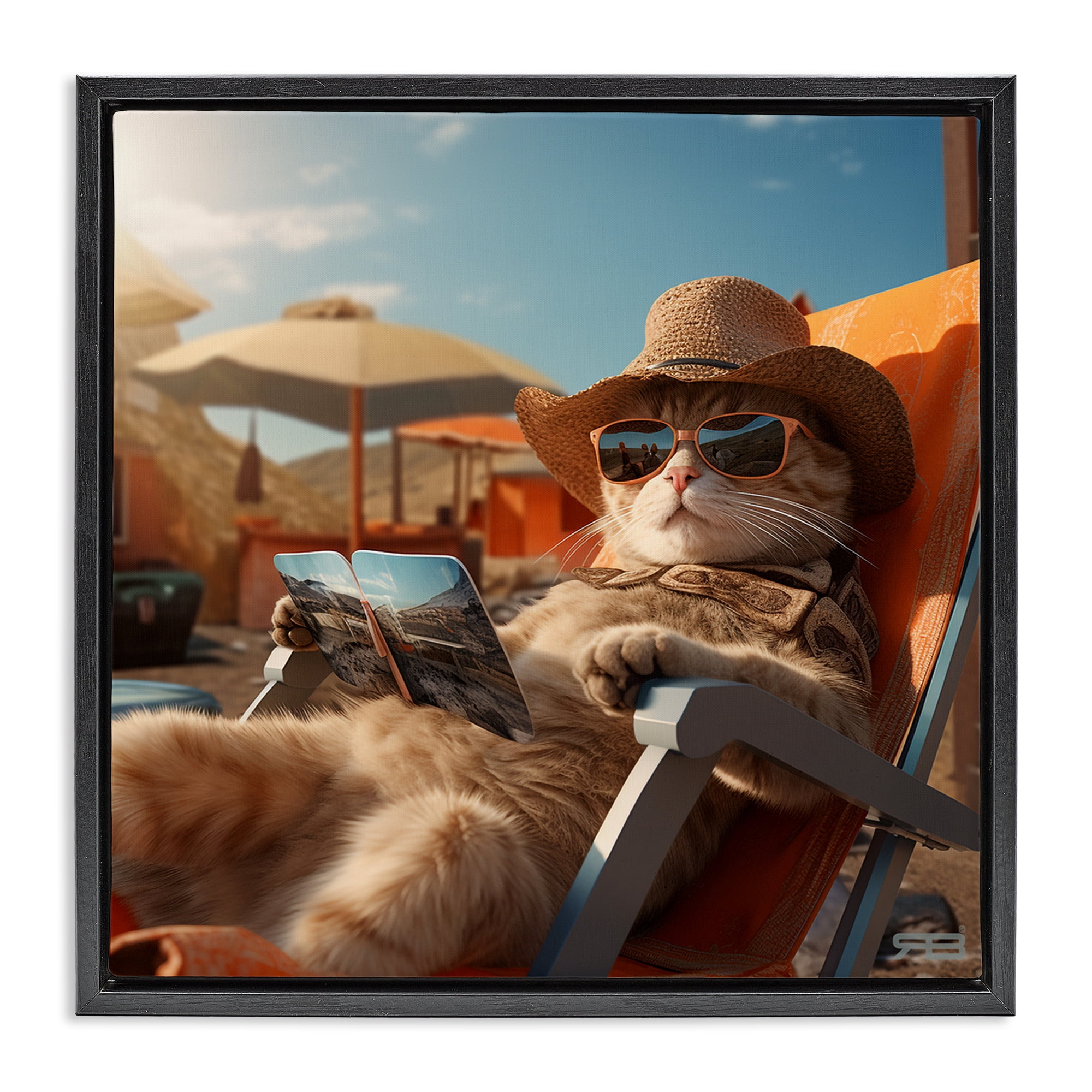 Stupell Industries Relaxing Cat Lounge Chair Animals Painting Black Floater Framed Canvas Art Print Wall Art, 25 x 25