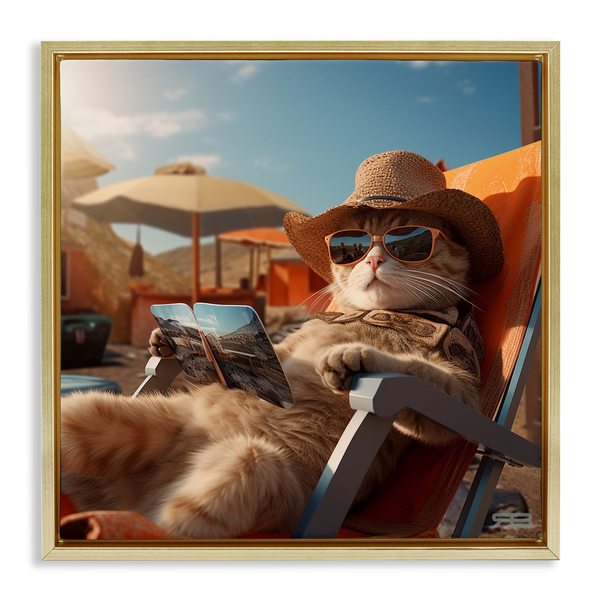Stupell Industries Relaxing Cat Lounge Chair Animals Painting Gold Floater Framed Canvas Art Print Wall Art, 25 x 25