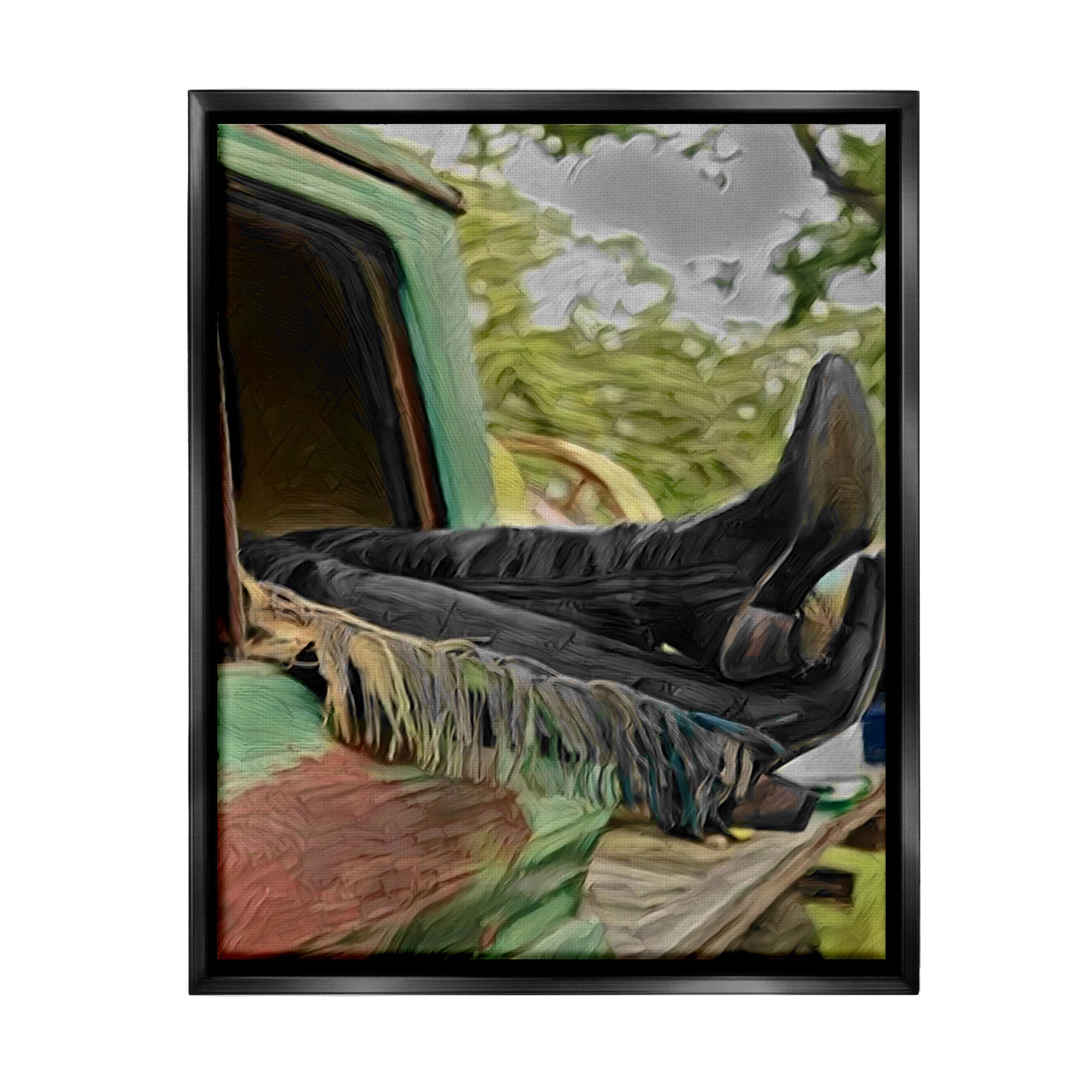Stupell Industries Relaxing Cowgirl in Nature Transportation Painting Black Floater Framed Canvas Art Print Wall Art, 17 x 21