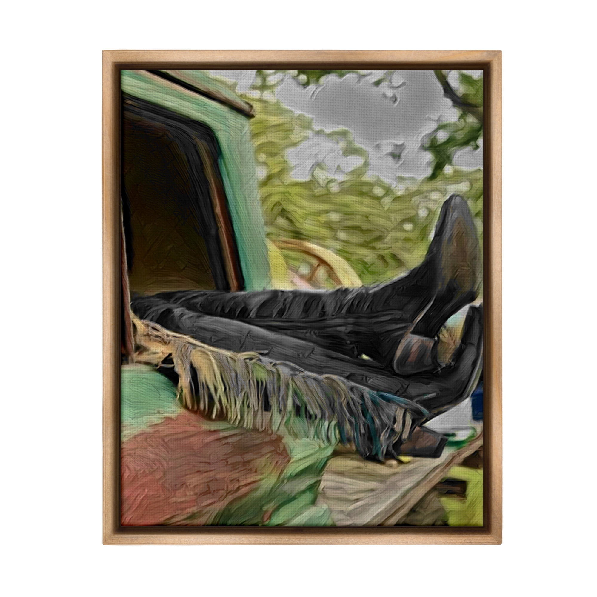 Stupell Industries Relaxing Cowgirl in Nature Transportation Painting Brown Floater Framed Canvas Art Print Wall Art, 25 x 31