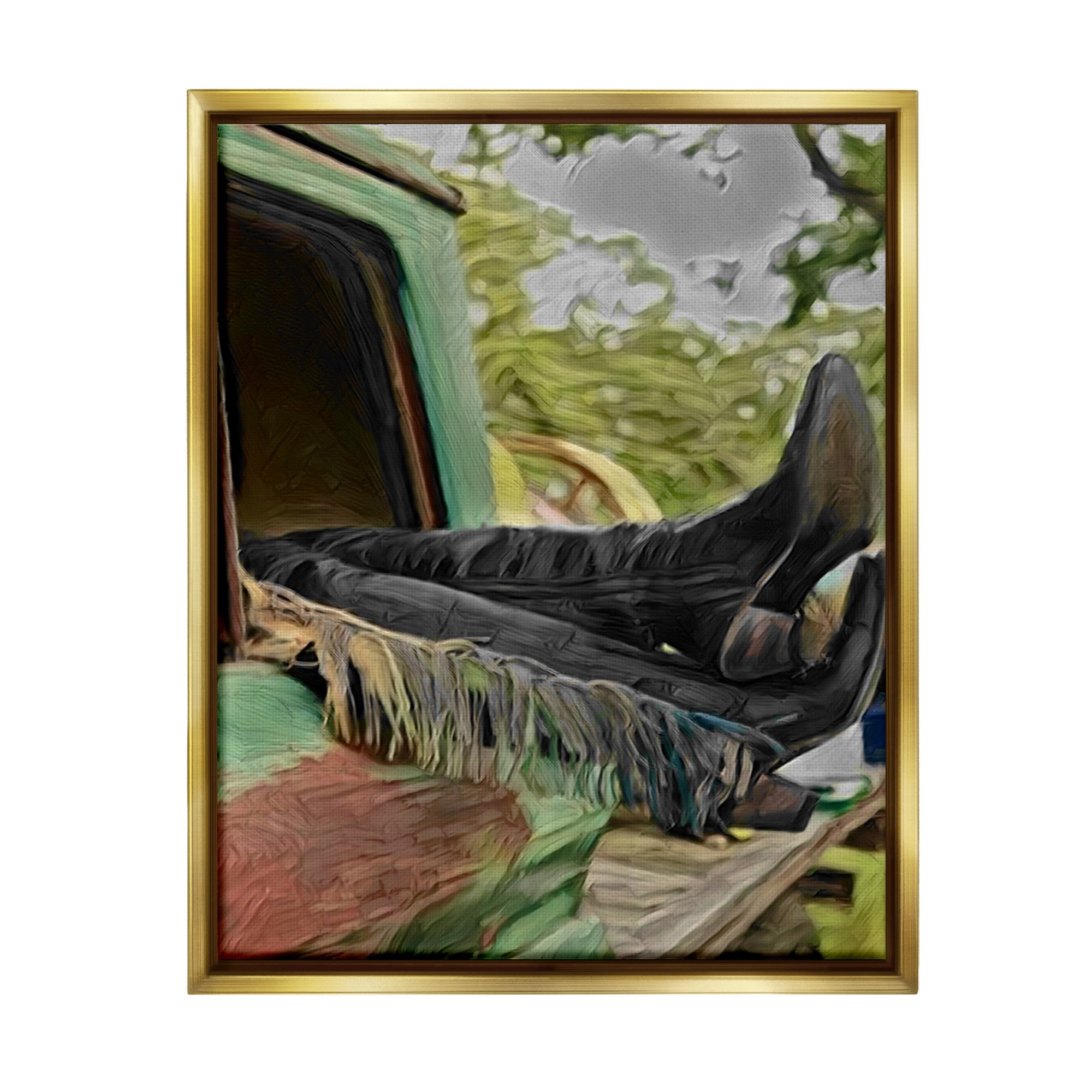 Stupell Industries Relaxing Cowgirl in Nature Transportation Painting Gold Floater Framed Canvas Art Print Wall Art, 17 x 21