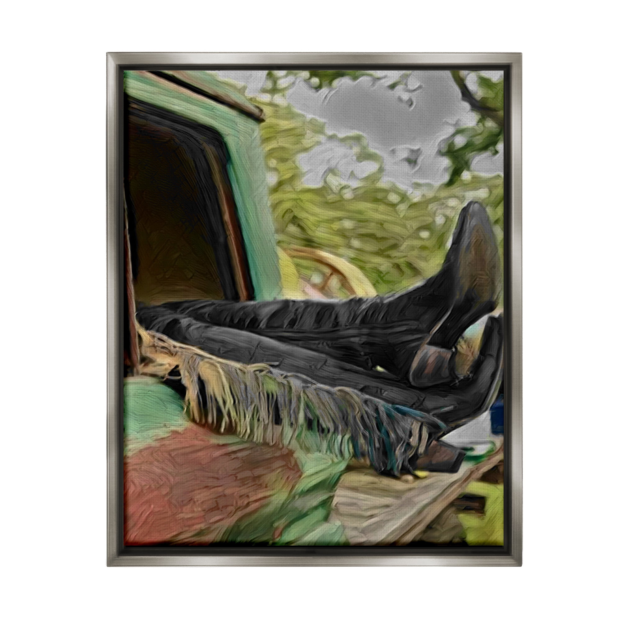 Stupell Industries Relaxing Cowgirl in Nature Transportation Painting Gray Floater Framed Canvas Art Print Wall Art, 25 x 31