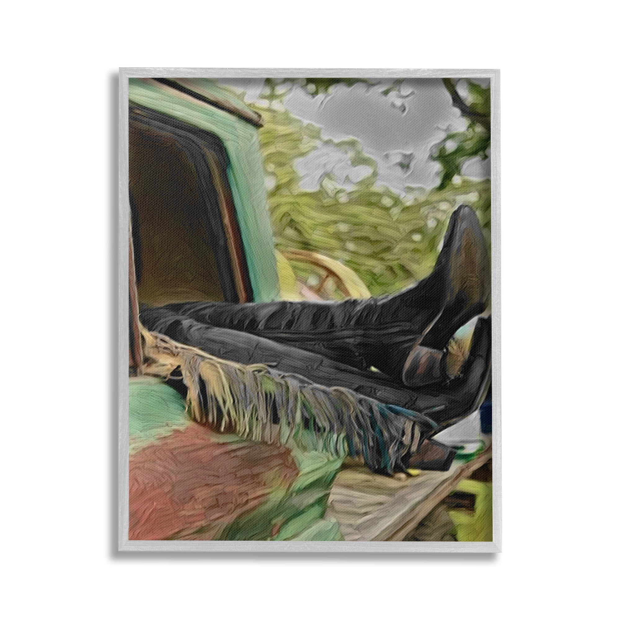 Stupell Industries Relaxing Cowgirl in Nature Transportation Painting Gray Framed Art Print Wall Art, 16 x 20