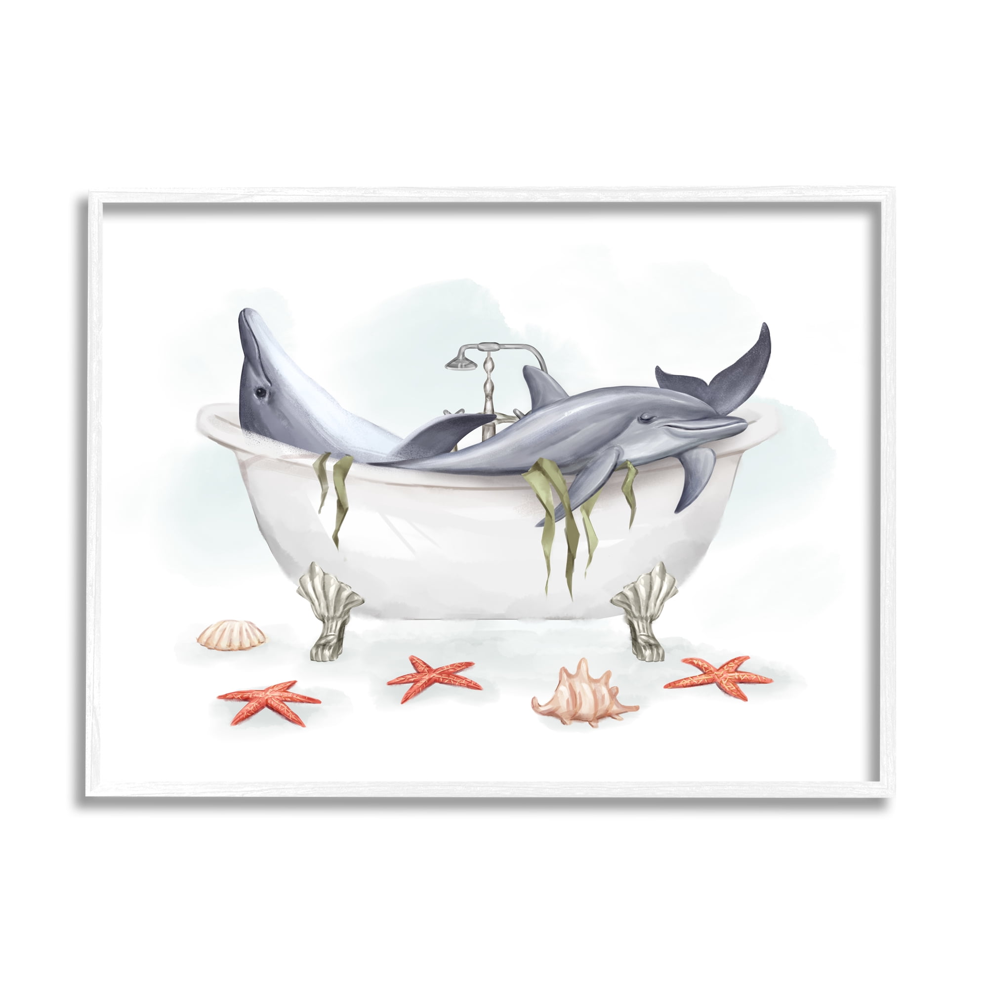 Stupell Industries Relaxing Dolphins Swimming Bathtub Nautical Starfish Graphic Art White Framed Art Print Wall Art, Design by Ziwei Li
