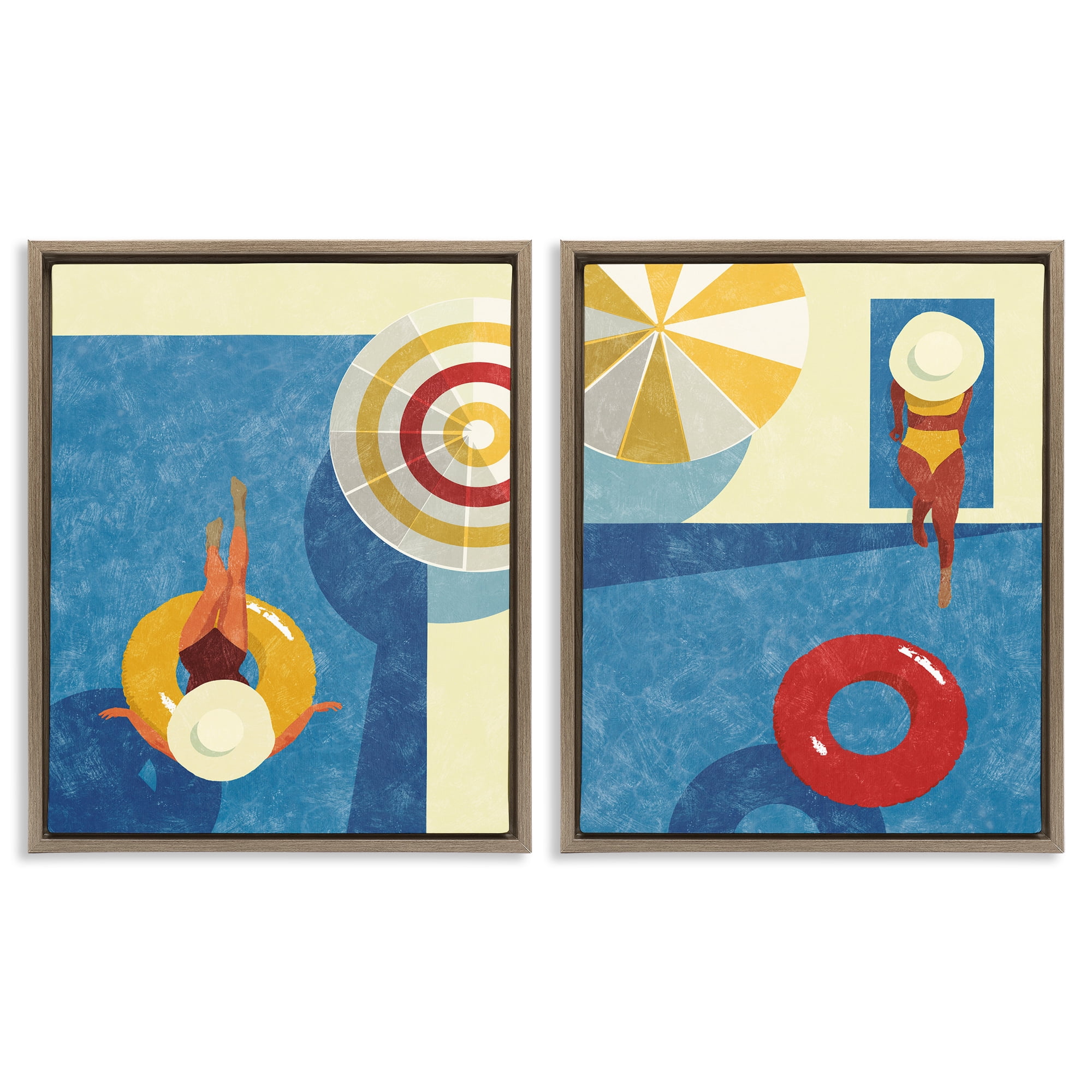 Stupell Industries Relaxing Female Figure Poolside People Painting Brown Floater Framed Canvas Art Print Wall Art, 31 x 25, Set of 2