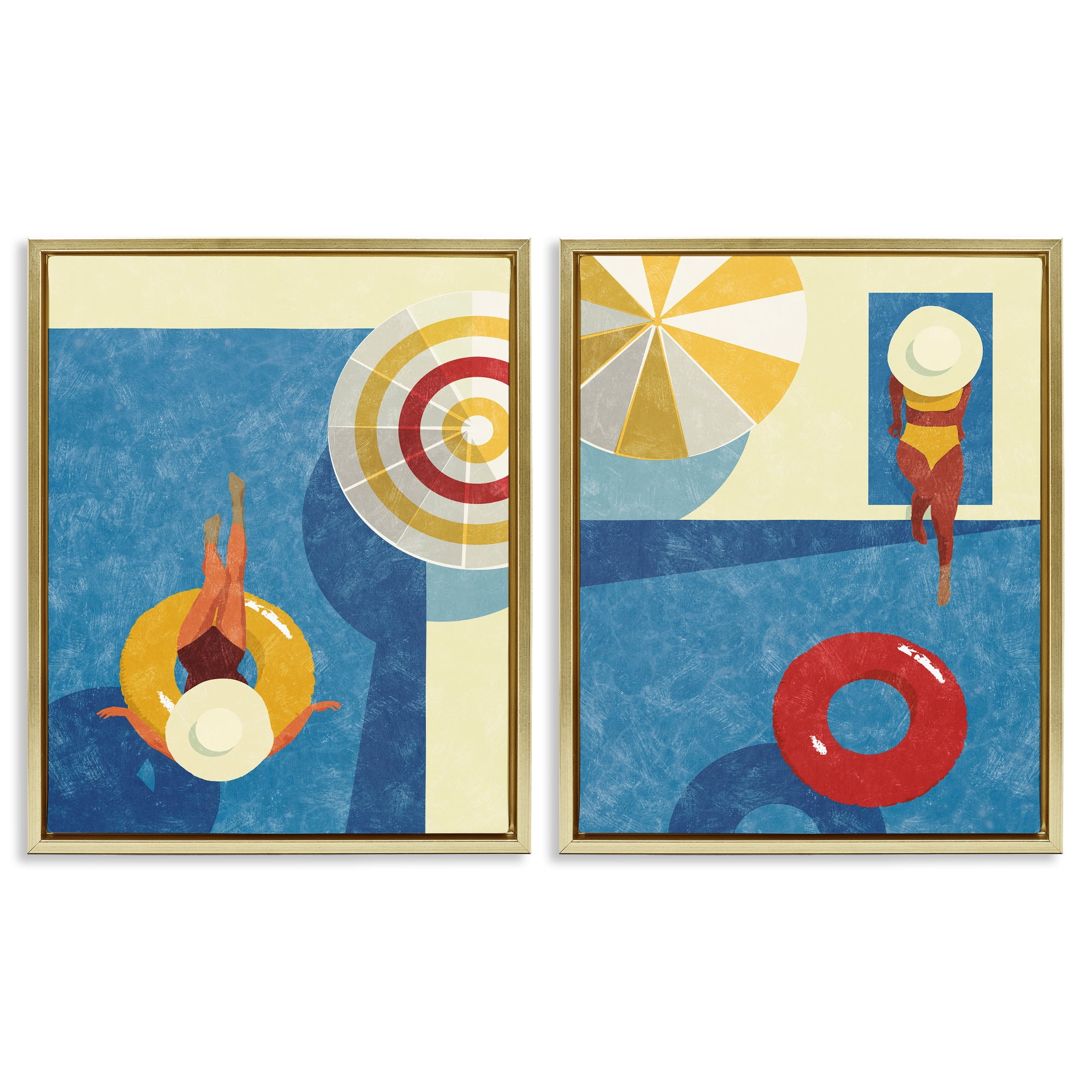 Stupell Industries Relaxing Female Figure Poolside People Painting Gold Floater Framed Canvas Art Print Wall Art, 17 x 21, Set of 2