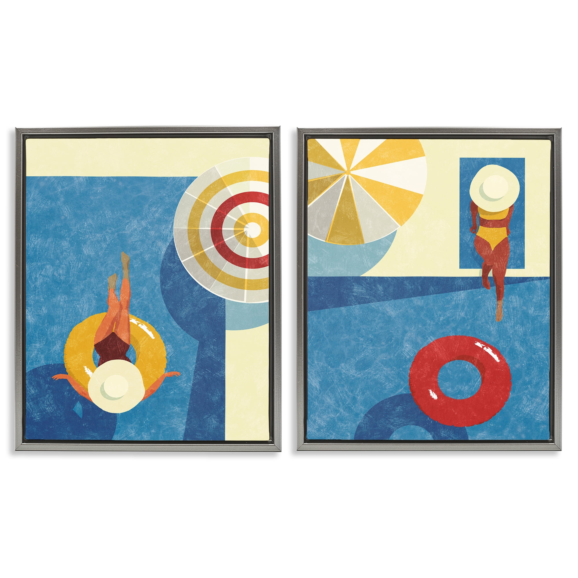 Stupell Industries Relaxing Female Figure Poolside People Painting Gray Floater Framed Canvas Art Print Wall Art, 17 x 21, Set of 2
