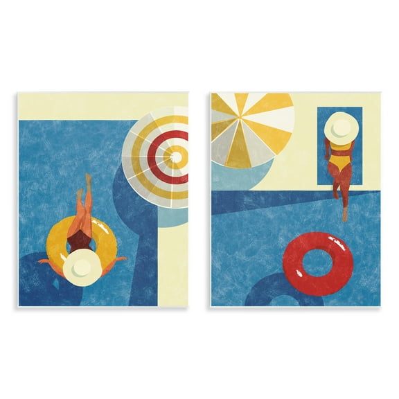 Stupell Industries Relaxing Female Figure Poolside People Painting Unframed Art Print Wall Art, 11 x 14, Set of 2