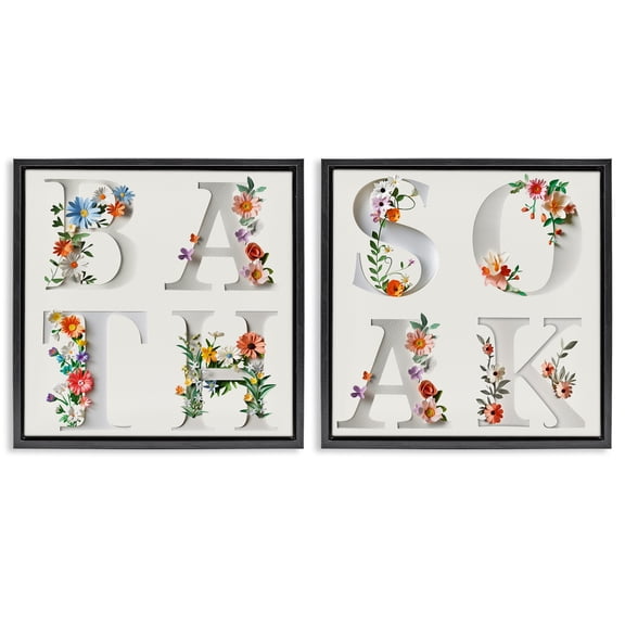 Stupell Industries Relaxing Floral Bathroom Typography Quotes and Sayings Painting Black Floater Framed Canvas Art Print Wall Art, 18 x 18, Set of 2