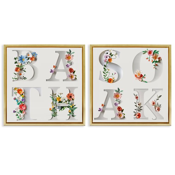 Stupell Industries Relaxing Floral Bathroom Typography Quotes and Sayings Painting Gold Floater Framed Canvas Art Print Wall Art, 18 x 18, Set of 2