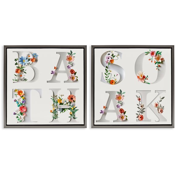 Stupell Industries Relaxing Floral Bathroom Typography Quotes and Sayings Painting Gray Floater Framed Canvas Art Print Wall Art, 18 x 18, Set of 2