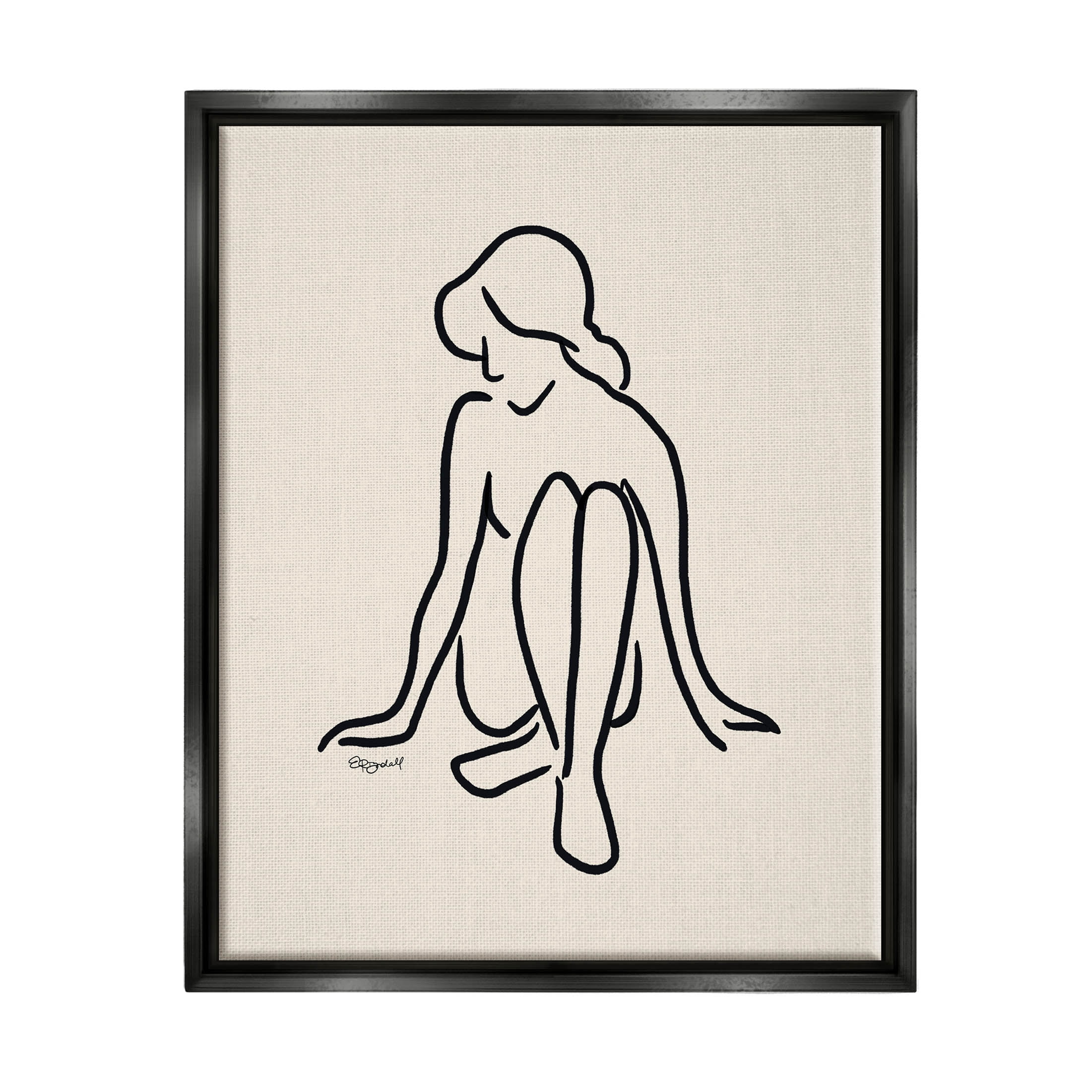 Stupell Industries Relaxing Girl Doodle Style Line Drawing Graphic Art Jet Black Floating Framed Canvas Print Wall Art, Design by Elizabeth Tyndall