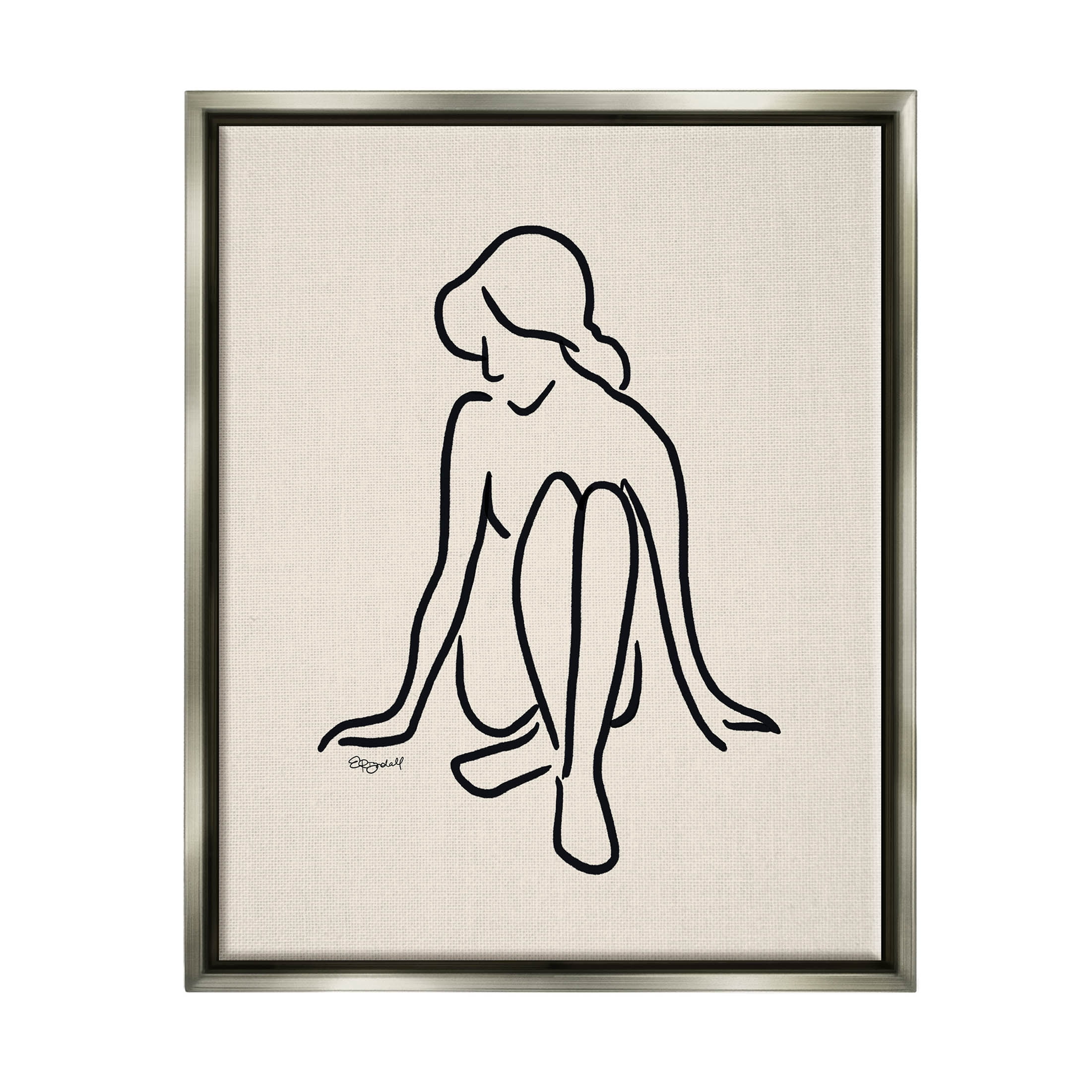 Stupell Industries Relaxing Girl Doodle Style Line Drawing Graphic Art Luster Gray Floating Framed Canvas Print Wall Art, Design by Elizabeth Tyndall