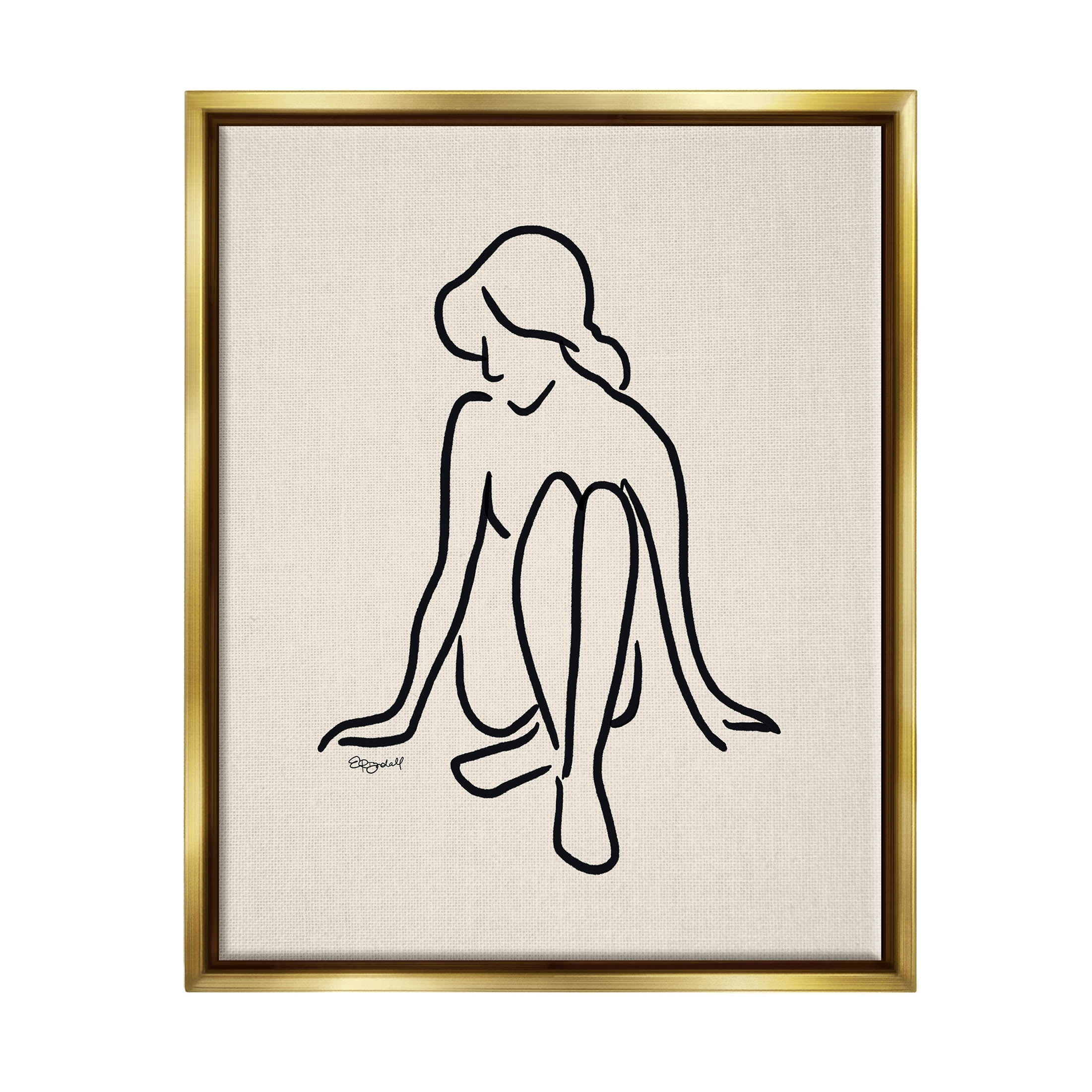 Stupell Industries Relaxing Girl Doodle Style Line Drawing Graphic Art Metallic Gold Floating Framed Canvas Print Wall Art, Design by Elizabeth Tyndall