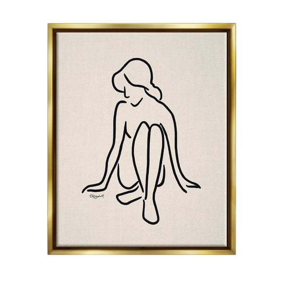 Stupell Industries Relaxing Girl Doodle Style Line Drawing Graphic Art Metallic Gold Floating Framed Canvas Print Wall Art, Design by Elizabeth Tyndall
