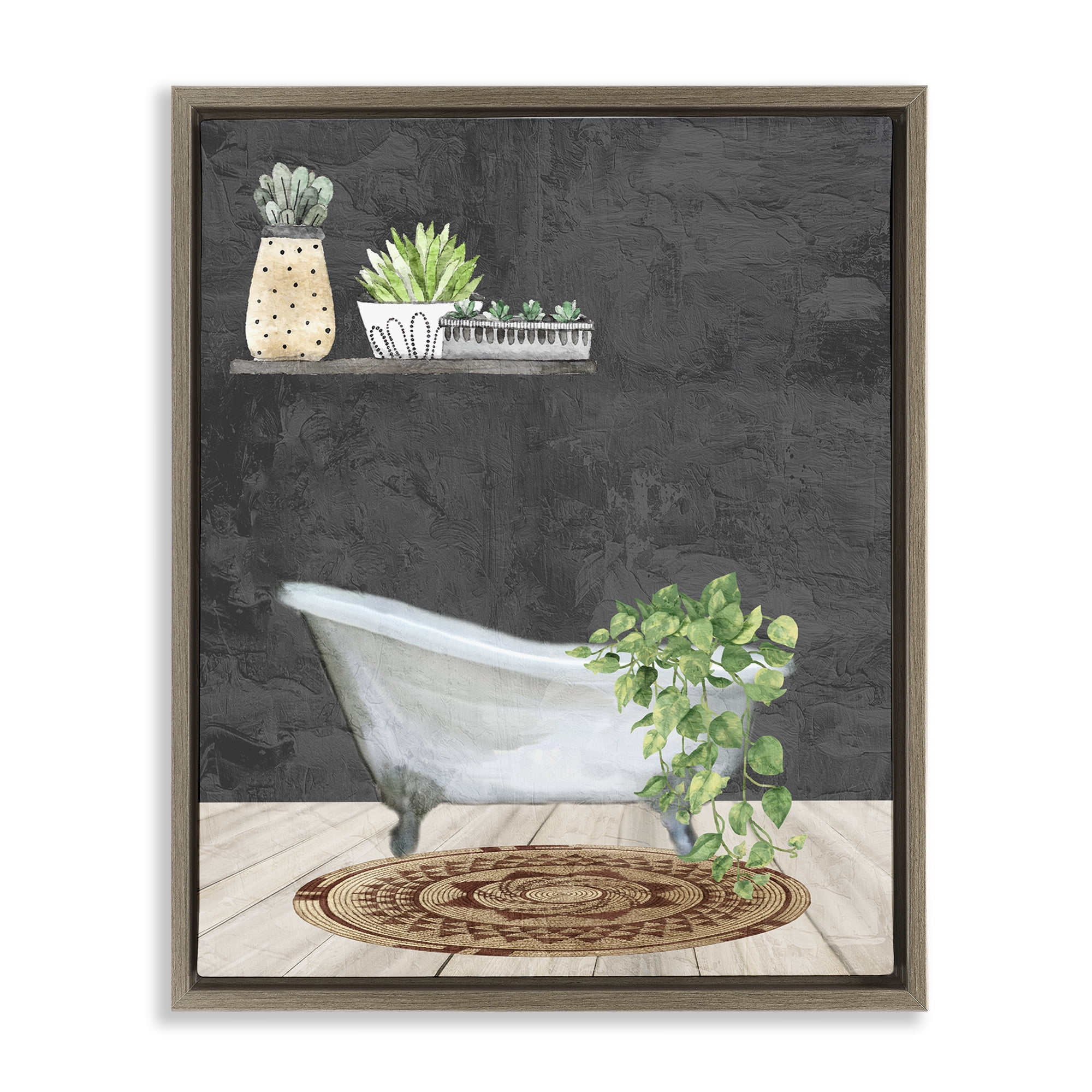 Stupell Industries Relaxing Greens Bathroom Bath & Laundry Painting Brown Floater Framed Canvas Art Print Wall Art, 17 x 21