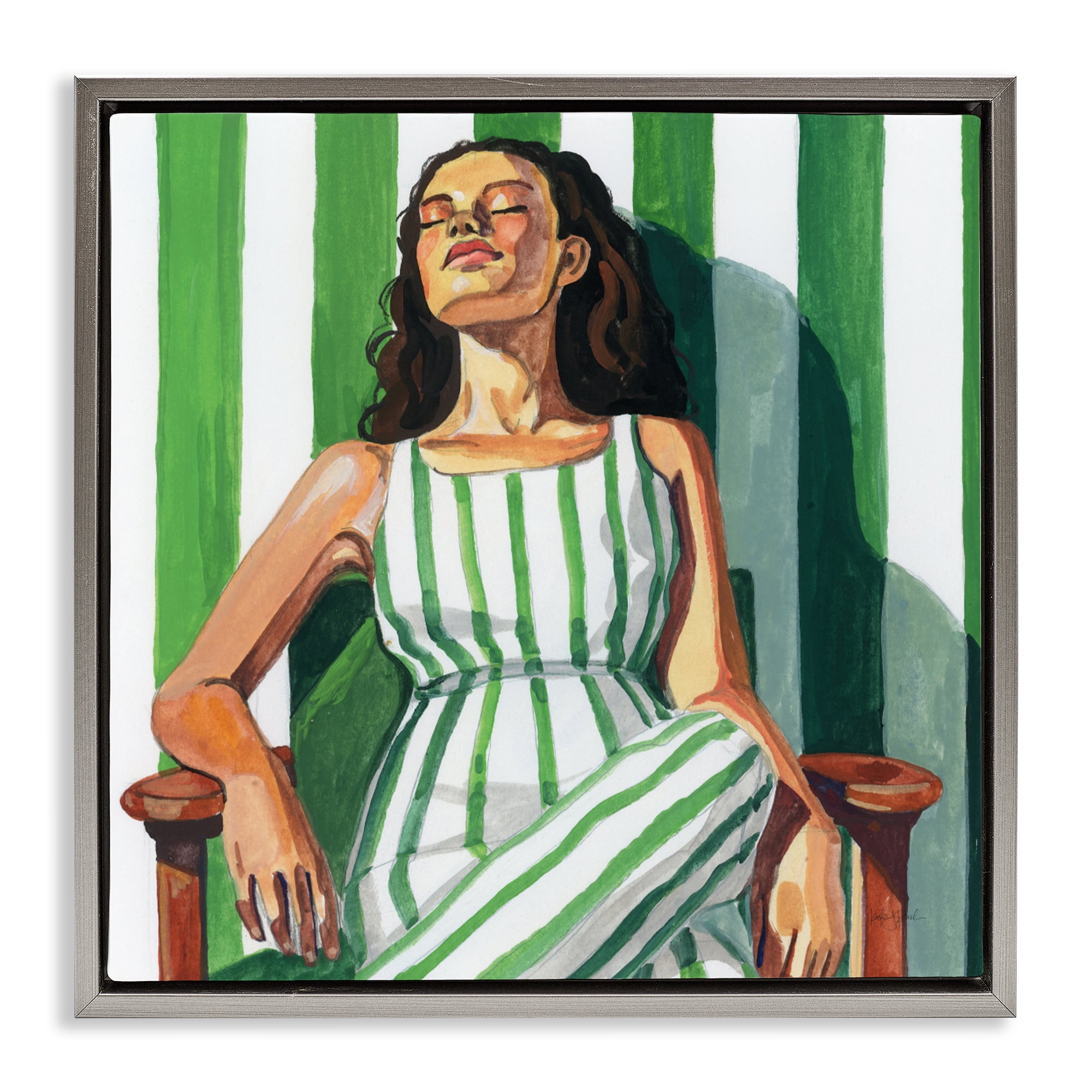 Stupell Industries Relaxing In A Striped Dress Gray Framed Floater Canvas Wall Art, design by Kate Jarvik Birch