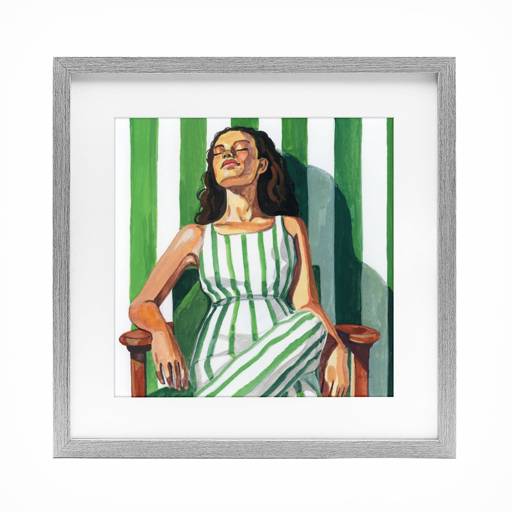 Stupell Industries Relaxing In A Striped Dress Gray Framed Print Under Glass, design by Kate Jarvik Birch