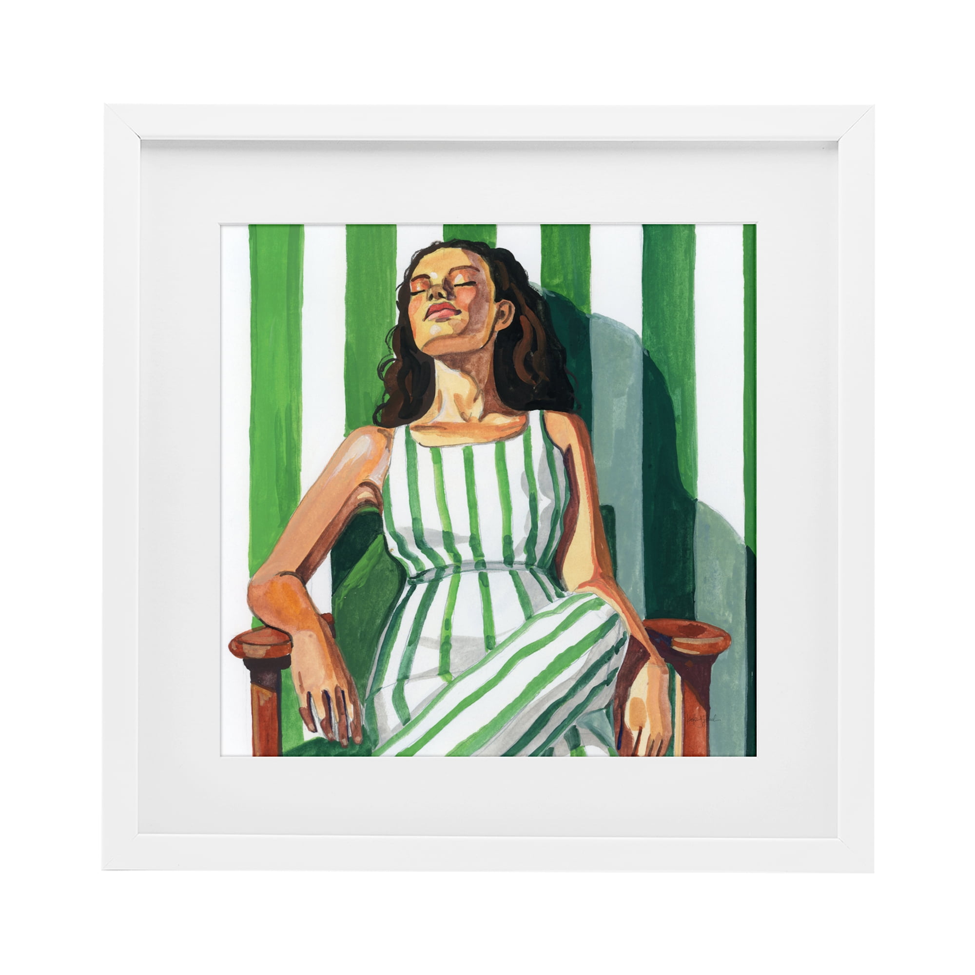 Stupell Industries Relaxing In A Striped Dress White Framed Print Under Glass, design by Kate Jarvik Birch